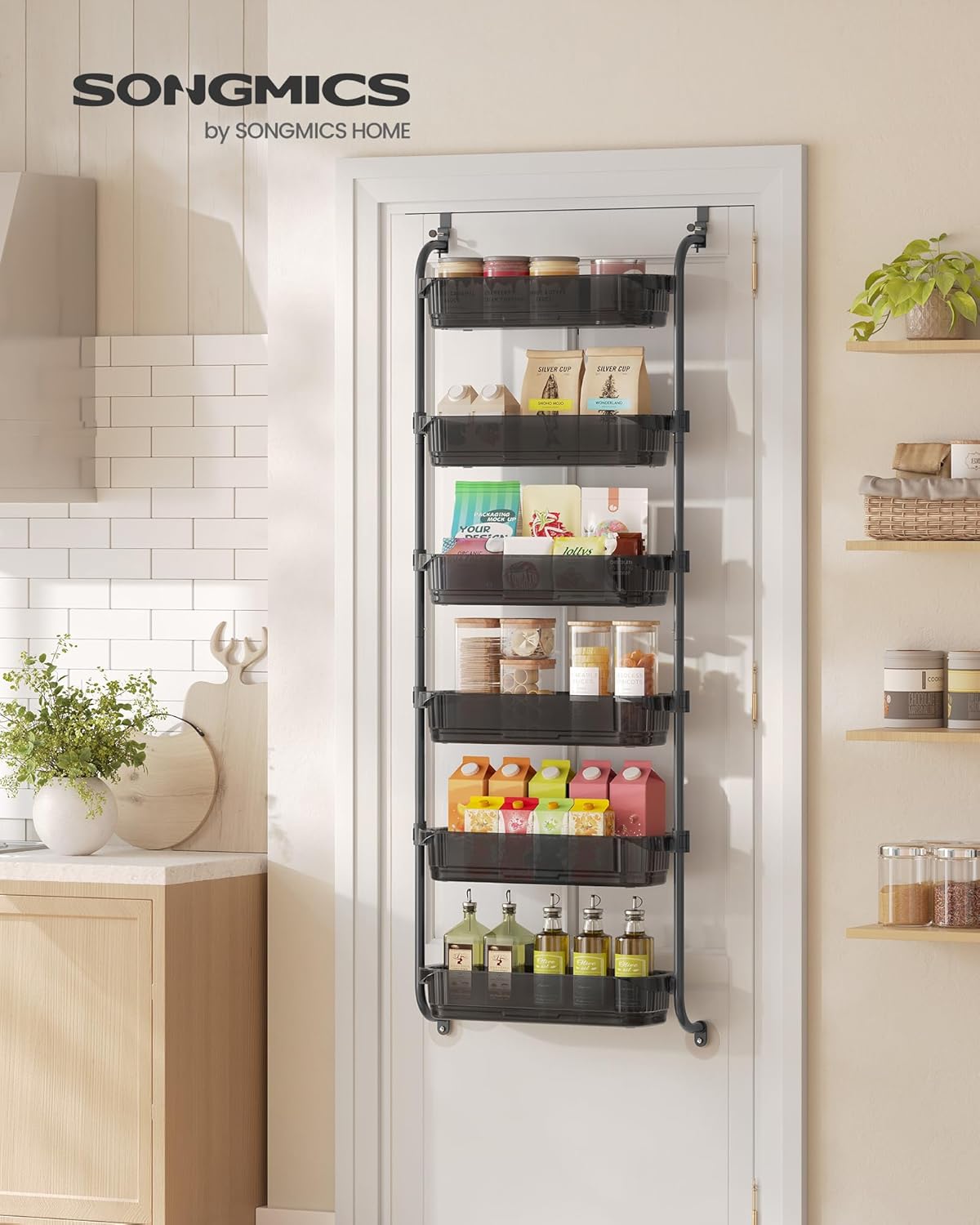 SONGMICS Over the Door Pantry Organizer, 6-Tier Kitchen Pantry Door Organizer with Adjustable Tall Baskets, Hanging Spice Rack, for Bedroom Bathroom Laundry Room, Transparent Black UKCS046BH01