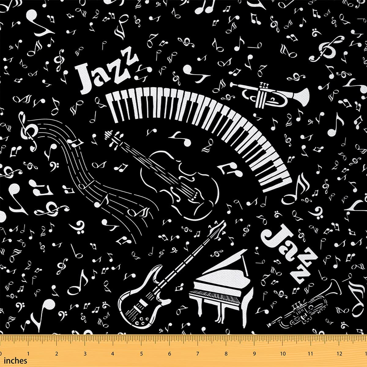 Cartoon Piano Fabric by The Yard Black White Keyboard Guitar Decor Fabric for Kids Teens Adults Hippie Musical Notes Instruments Fabric for Room Decor and DIY Upholstery 1 Yard