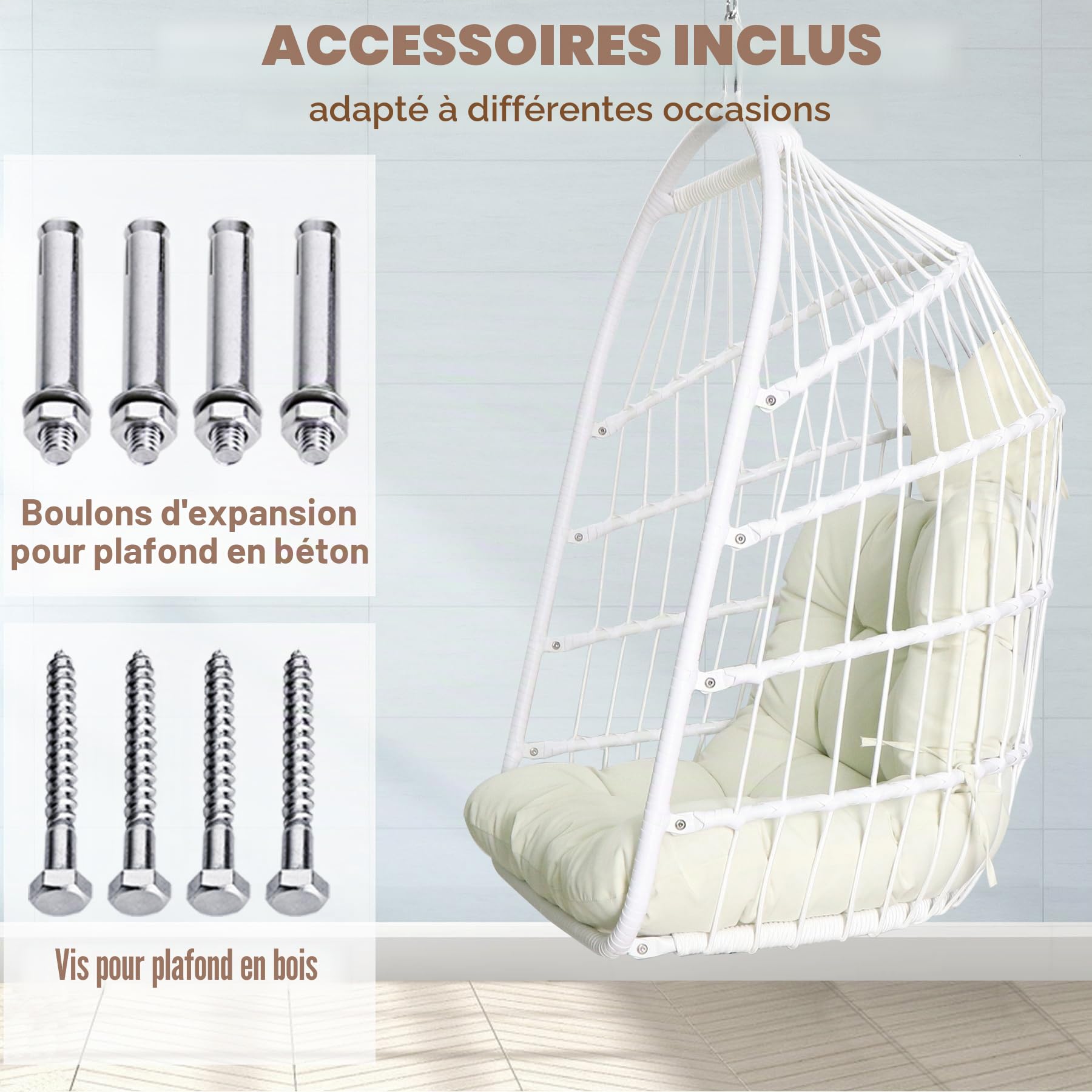 Chaise Oeuf Chaise Pliable en Osier rotin Suspendue Chaise balançoire Intérieur extérieur Patio Chaise en Osier Hamac avec kit de Suspension en Acier Inoxydable Coussin résistant aux UV