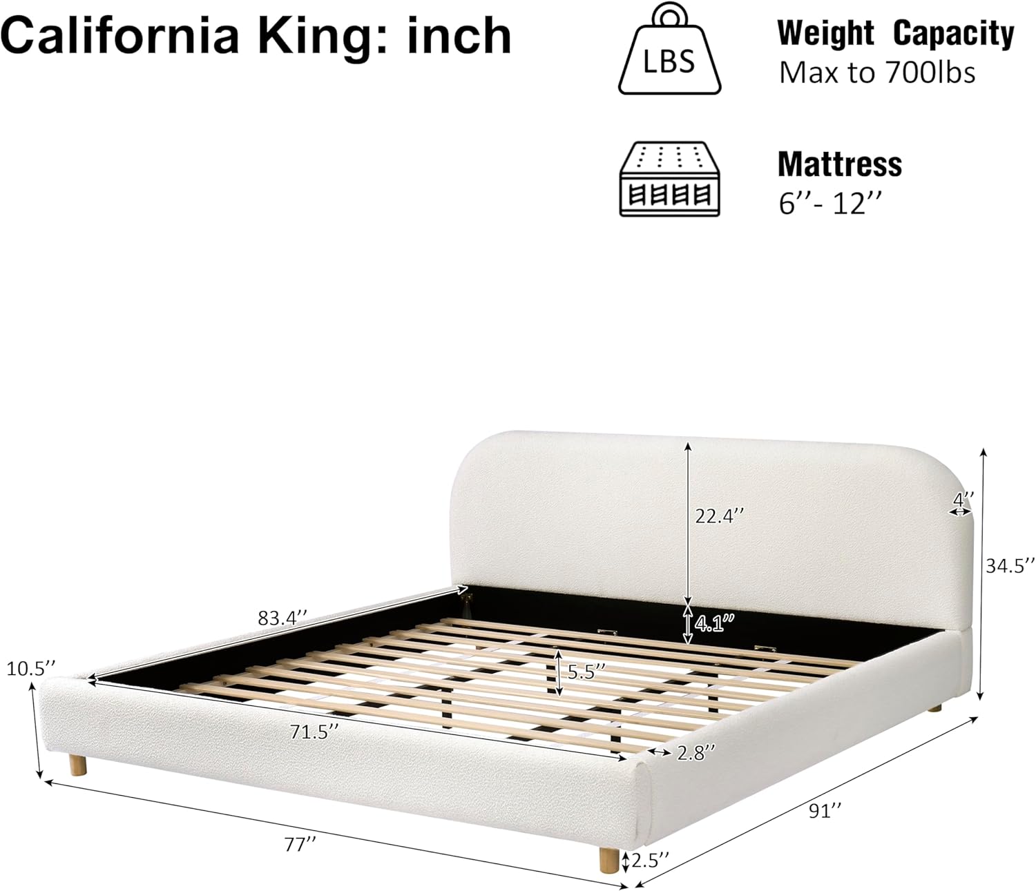 Christopher Knight Home Hazel California King Bed Frame with Headboard, Boucle Upholstered Platform Bed, Wooden Frame, Soft Curved Headboard, Slats Panel Support, No Box Spring Needed, White