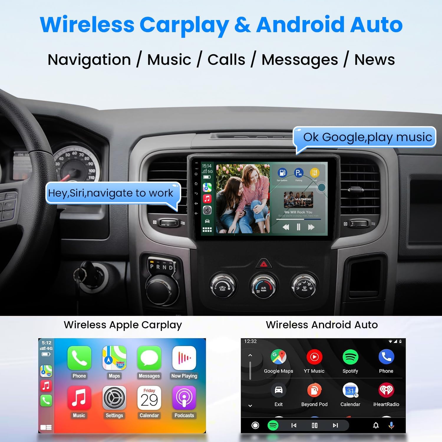 Screenshots of Wireless CarPlay and Android Auto interfaces on the car stereo, showing navigation, music, calls, and messages.