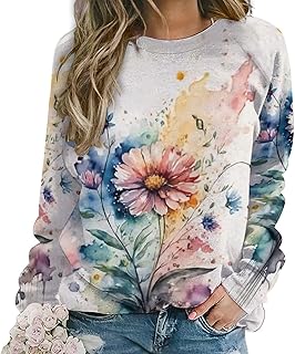ZOCAVIA Womens Boho Floral Sweatshirts Novelty Graphic Crewneck Long Sleeve Shirts Oversized Fall Casual Flower Pullover Tops