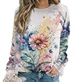 Womens Boho Floral Sweatshirts Novelty Graphic Crewneck Long Sleeve Shirts Oversized Fall Casual Flower Pullover Tops