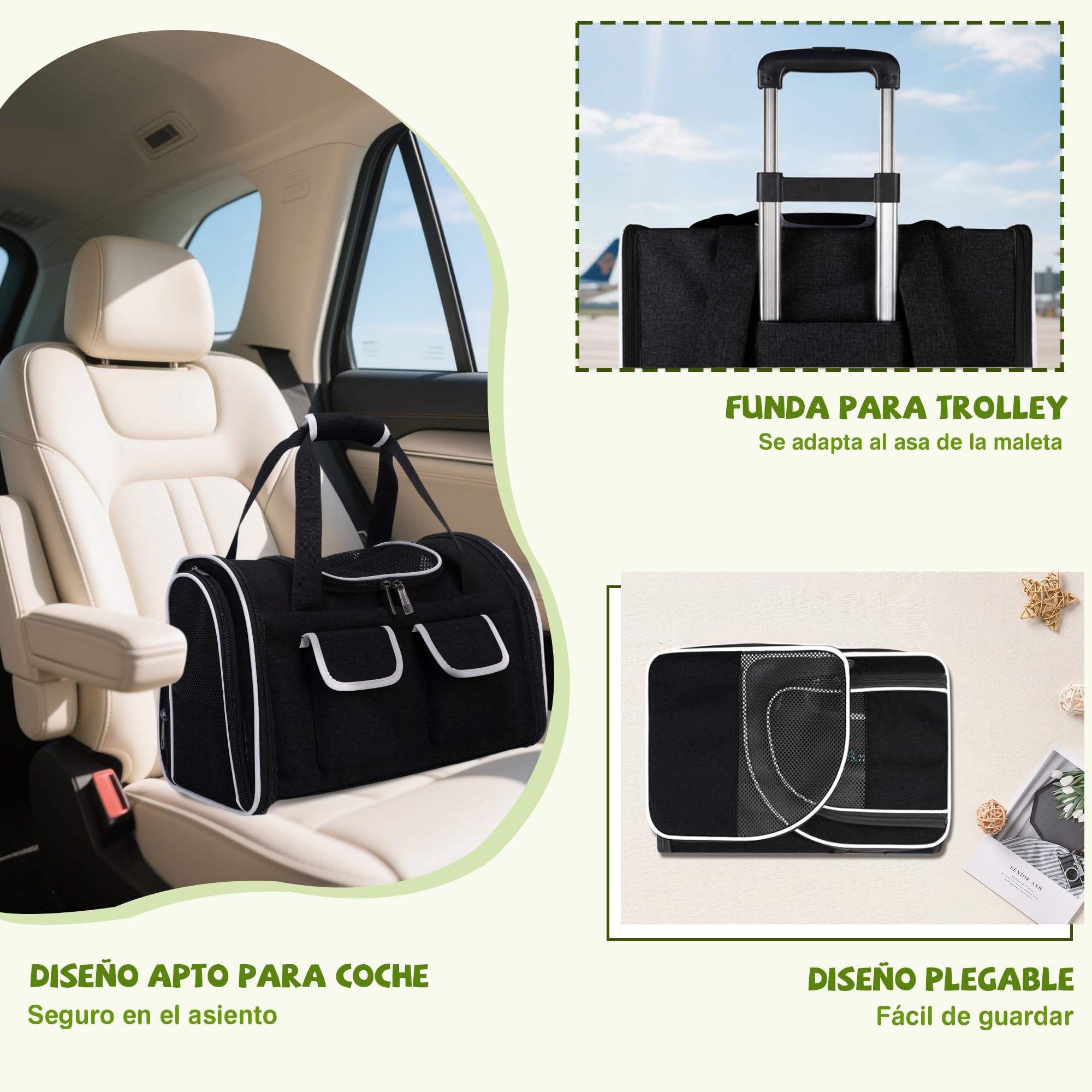 ALLSOPETS Mochila Plegable para Gatos Grandes y Perros Pequeños, Transportín Transpirable con Cojín Extraíble y Bolsillos, Mochila de Viaje para Mascotas hasta 10 kg (Negro Tinta, L)