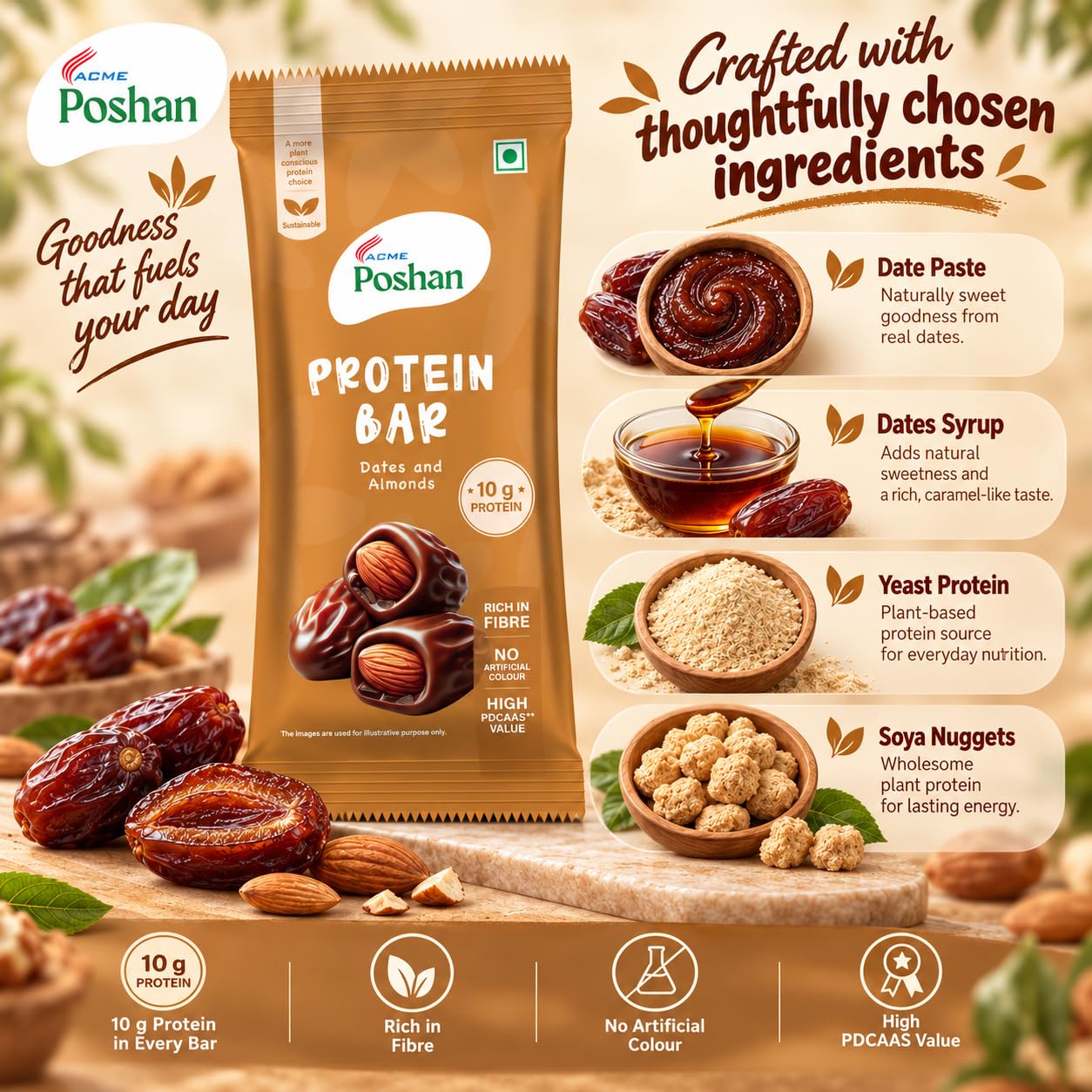 Acme Poshan Protein Bar - Dates & Almonds (Pack of 6) | 10g Yeast & Soya Protein per Bar | Healthy Snack - 300g — Amazon image 4