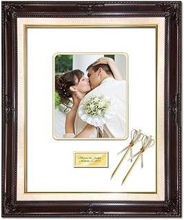 20 x 24 Personalized Wedding Picture Frame with 2 Handmade Ribbon Pens - Elite Dark Mahogany Linen Floral Wood Photo Frame - optional use as Guest Book Signature Autograph Frame with Round Corner 8W x 10H Portrait Photo - Top matted White Inner mat Gold - Gold Engraving Plate - Picture Frame Retirement Baby Shower