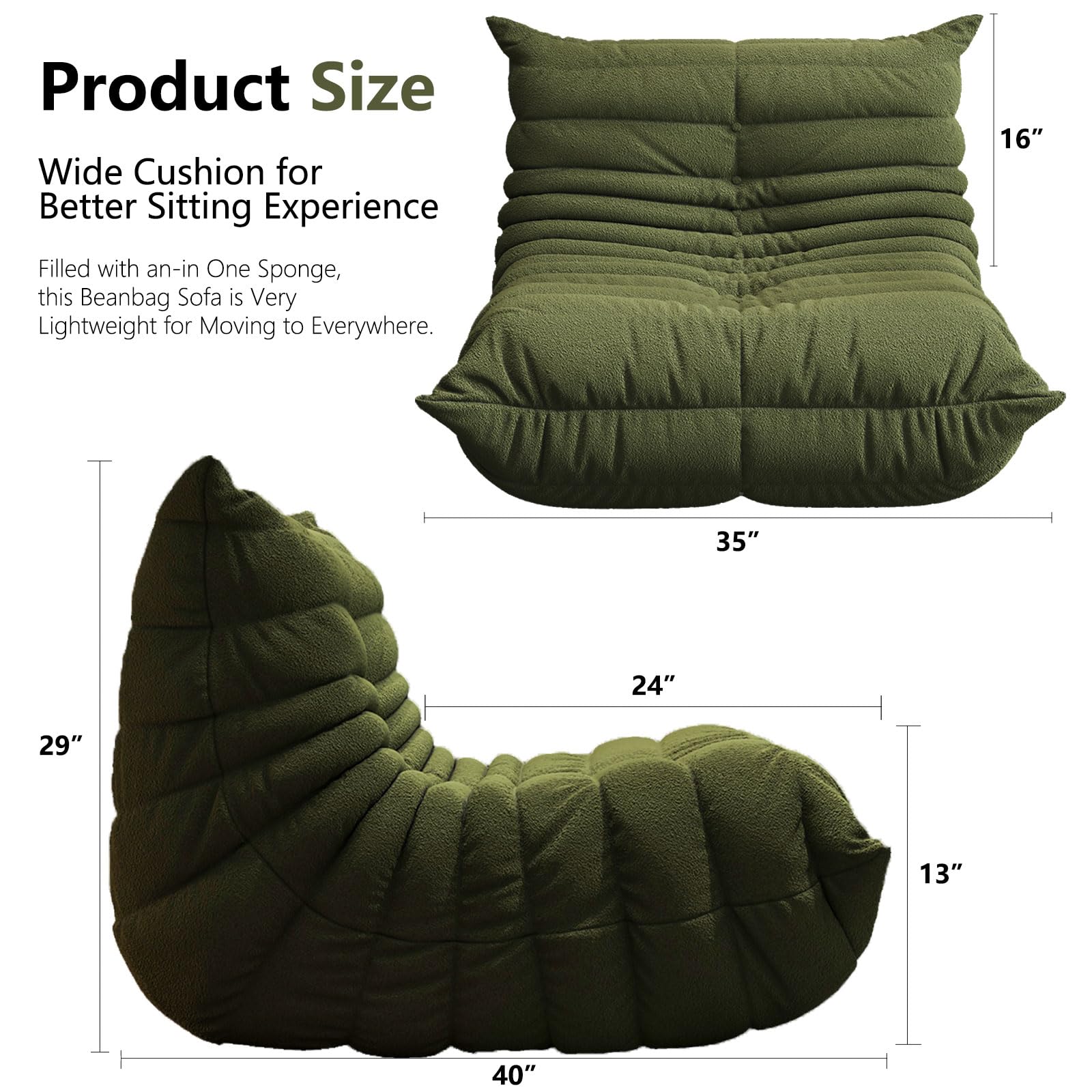 Bean Bag Chairs for Adults, Memory Foam Couch Single Sofa Chair, Soft Teddy Material Cozy Comfy Reading Nook Chairs, Floor Chair for Living Room Bedroom Office (Green)