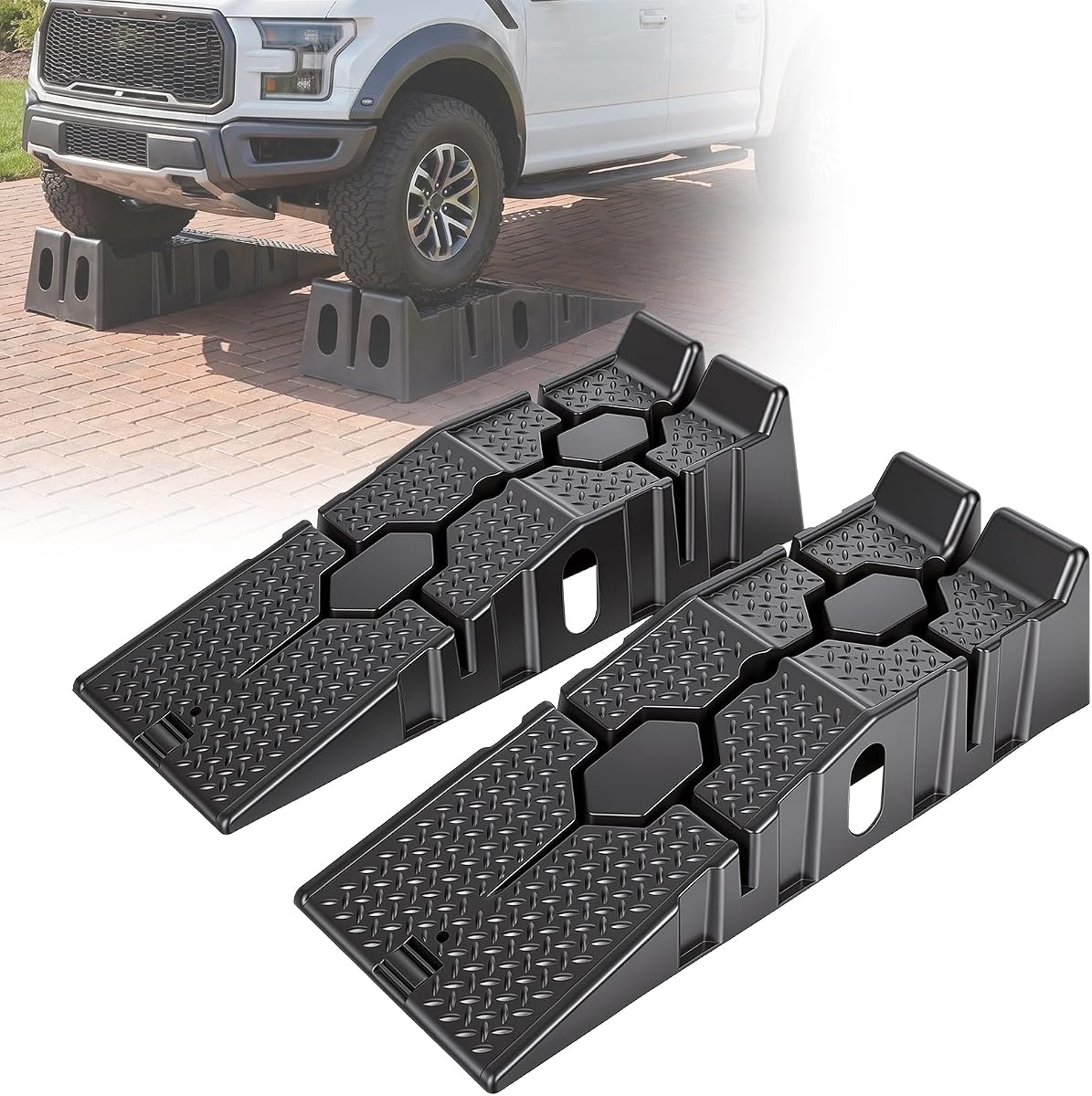 Car Ramps for Oil Changes, 5000lbs Capacity Heavy-Duty Vehicle Service Lift, 17-Degree Low-Profile Incline with Non-Slip Tread, Durable PP 2-Pack for Auto Maintenance Black