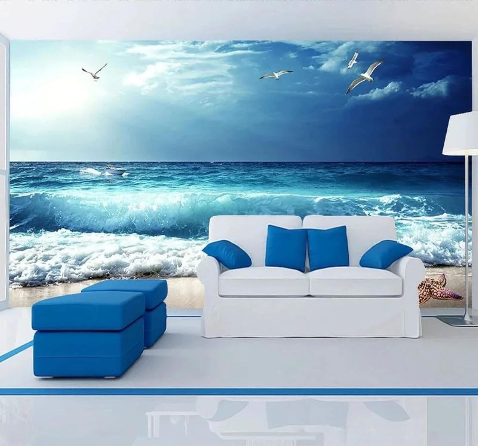 XLMING Blue Sea Beach Coast Landscape 3D Wallpaper Luxury Silk Study Dining Feature Sofa Grey Bedroom Living Room Tv Decorative Wall-250cm×170cm