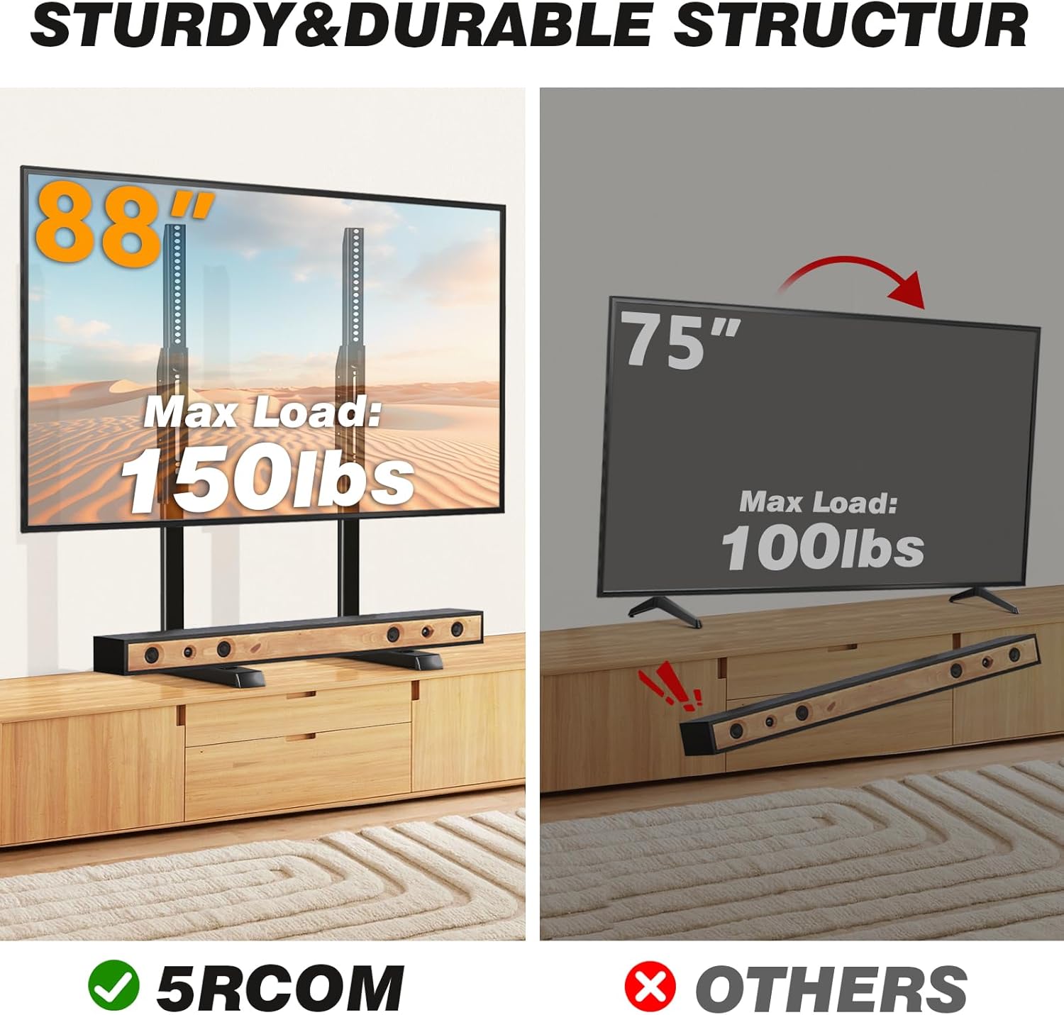 5Rcom Table Top TV Stand, Universal TV Stand for 35-88 Inch with Height Adjustment, TV Mount Stand Up to 150lbs for Curved Flat TVs with Cable Management, Black