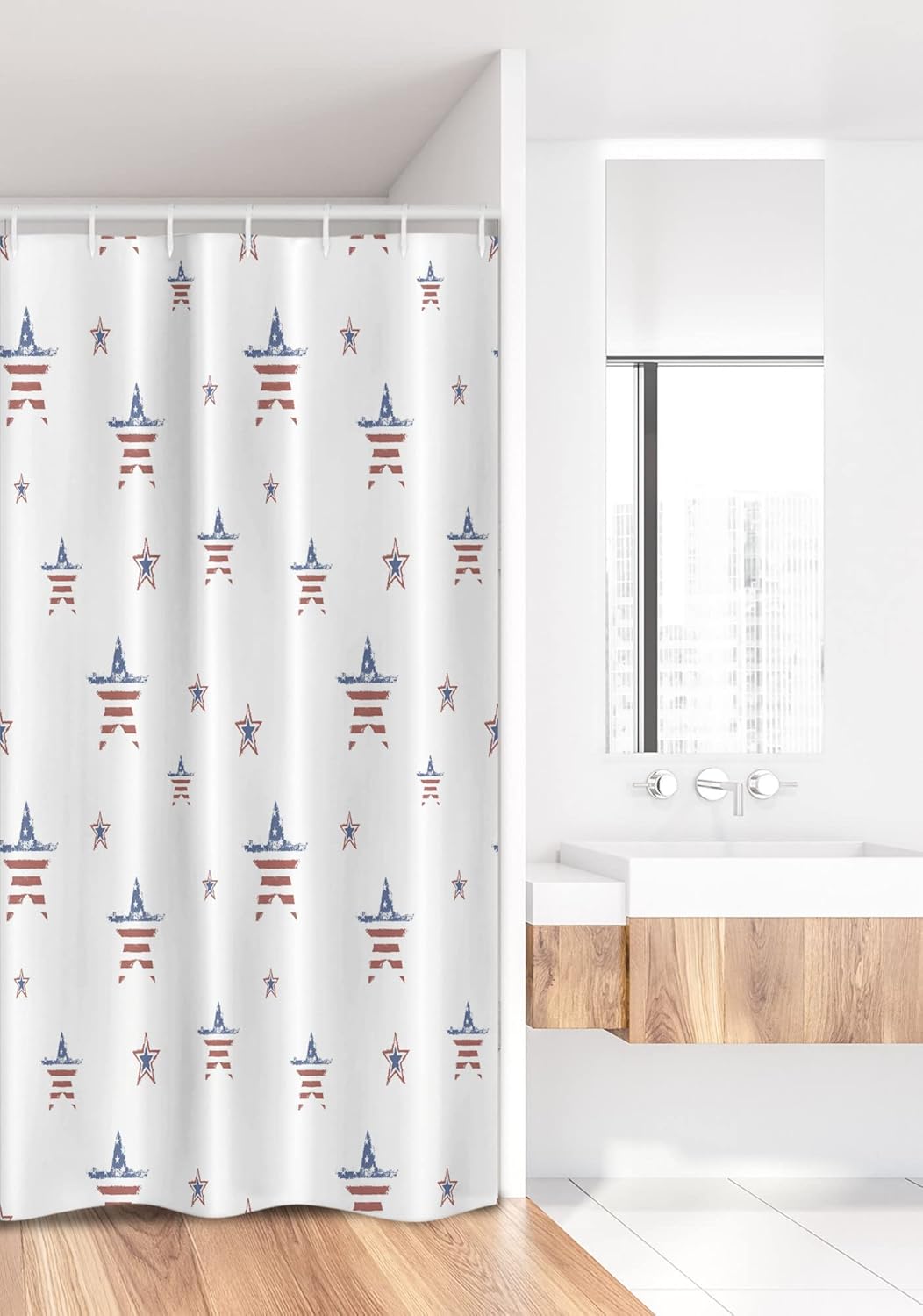 Ambesonne 4th of July Stall Shower Curtain, Scattered Stars with American Flag Motifs Independence Day Theme, Fabric Bathroom Decor Set with Hooks, 36" W x 72" L, Ruby Navy Blue White