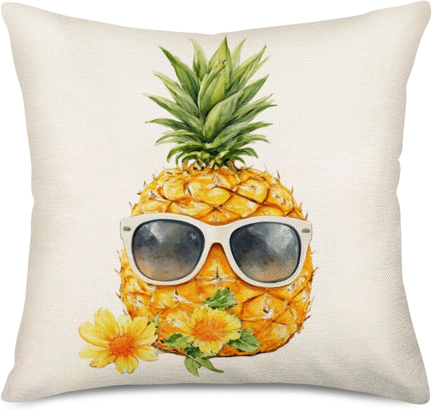 Smilyard Pineapple Pillow Covers 18x18 Inch Set of 4 Summer Watercolor Pineapple Wears Glasses Pattern Pillows Decorative Cushion Cover Cotton Linen Tropical Fruit Pillow Case Decor (Pineapple Set)
