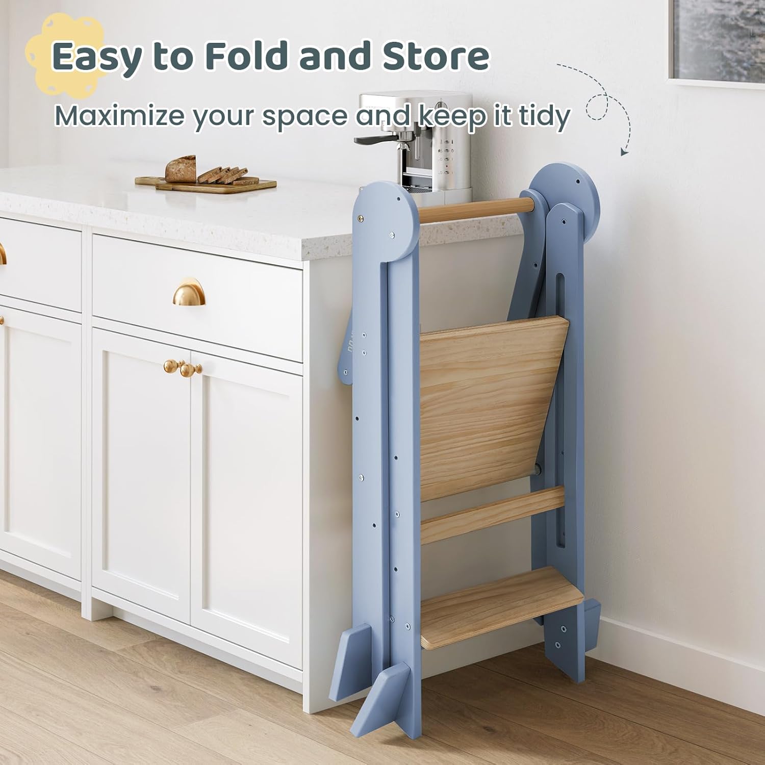 Foldable Toddler Standing Tower, Height Adjustable Kitchen Tower with Safety Rails and Anti-Slip Device, Wooden Kids Kitchen Stool Helper for Ages 18 Months to 6 Years - Blue Grey