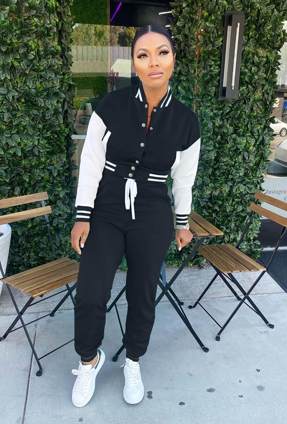 Womens Two Piece Tracksuit Button Down Cropped Varsity Jacket Pants Set Jogger Sweatsuit