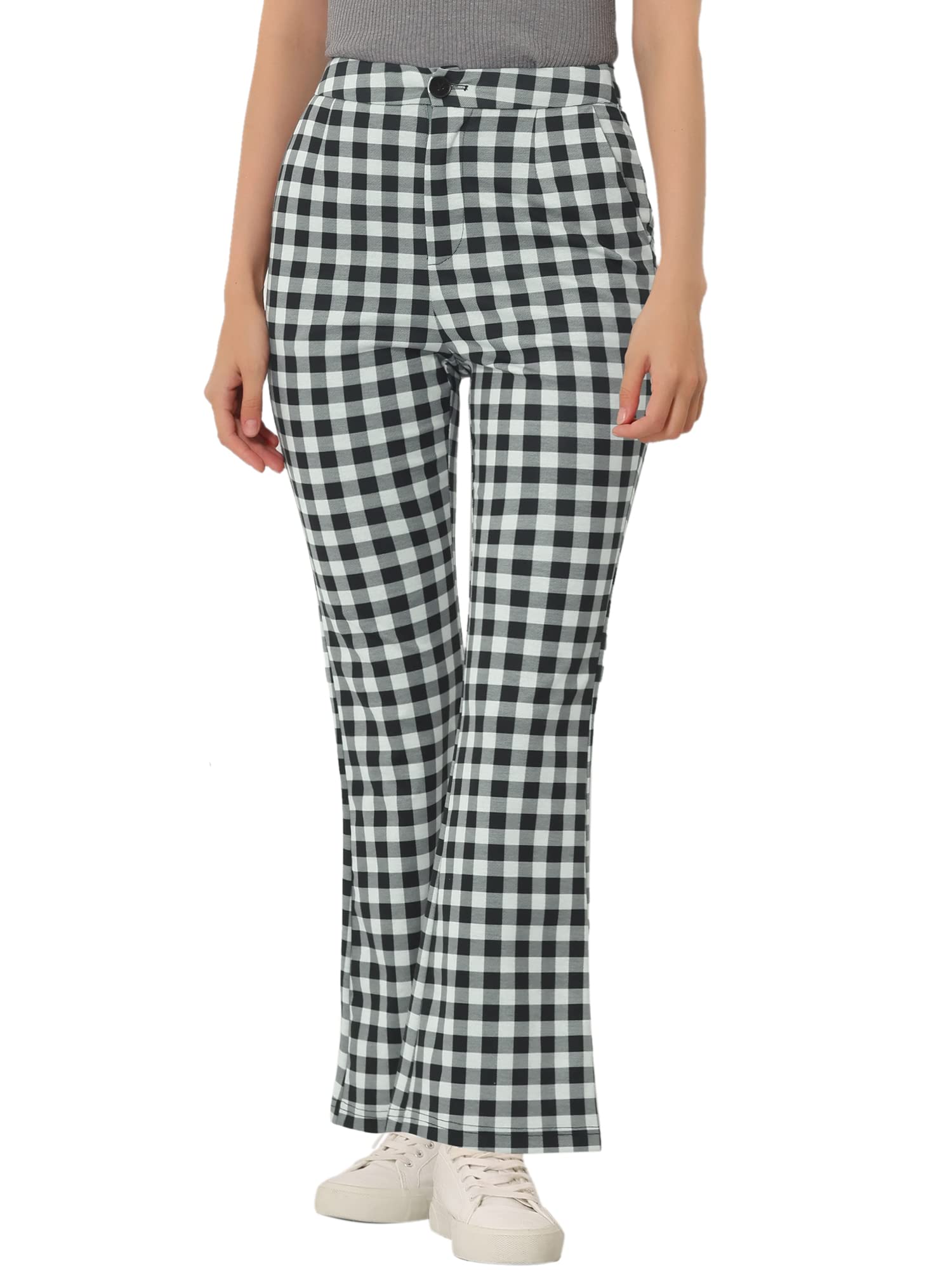 Allegra K Womens Plaid High Waist Bell Bottom Pants Stretchy Flare Leg Trousers