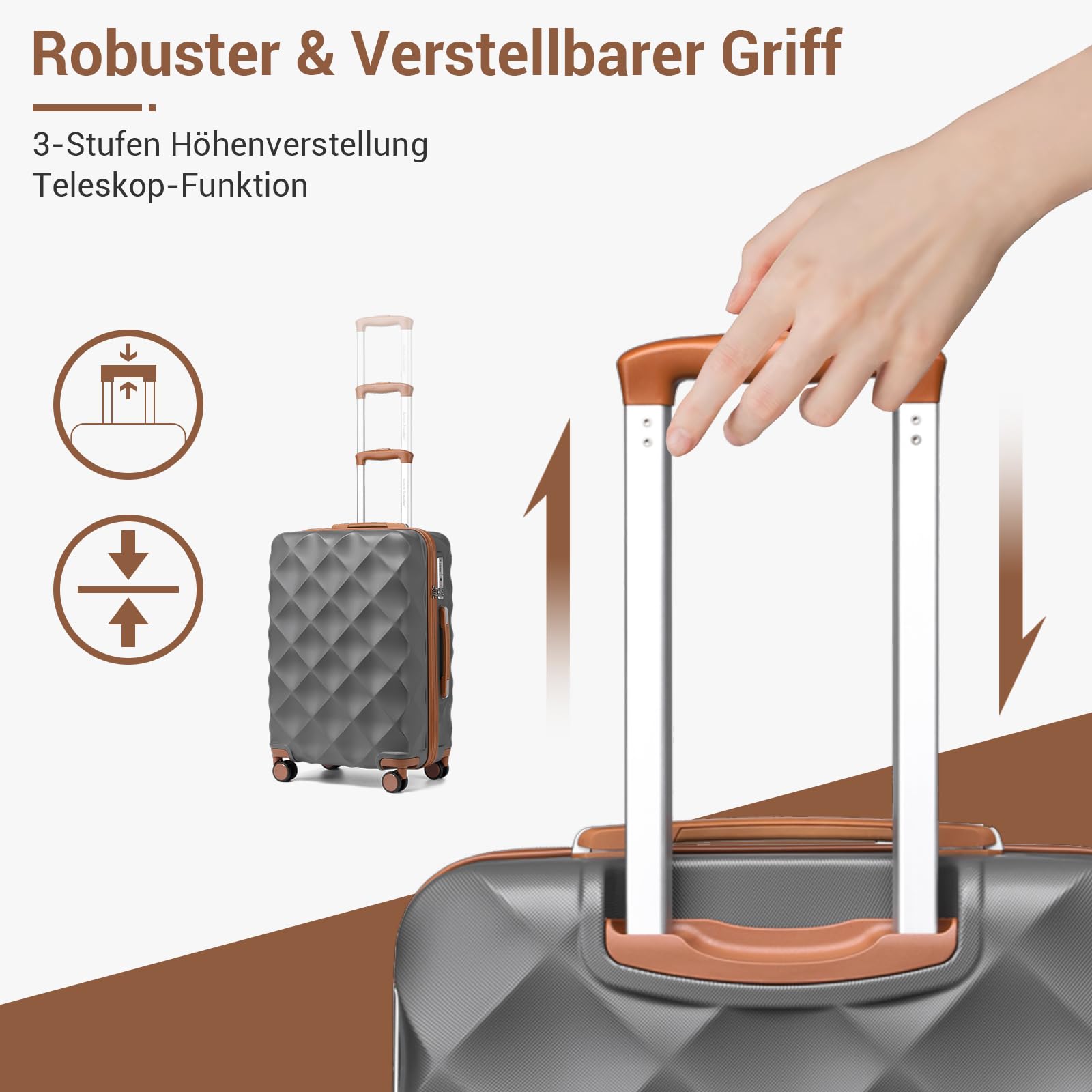 British Traveller Hartschalenkoffer Groß 74.5 x 49 x 30.5 cm, Reisekoffer aus ABS + PC mit TSA-Schloss, Koffer Trolleys mit 4 Rollen für Reisen und Business, Grau