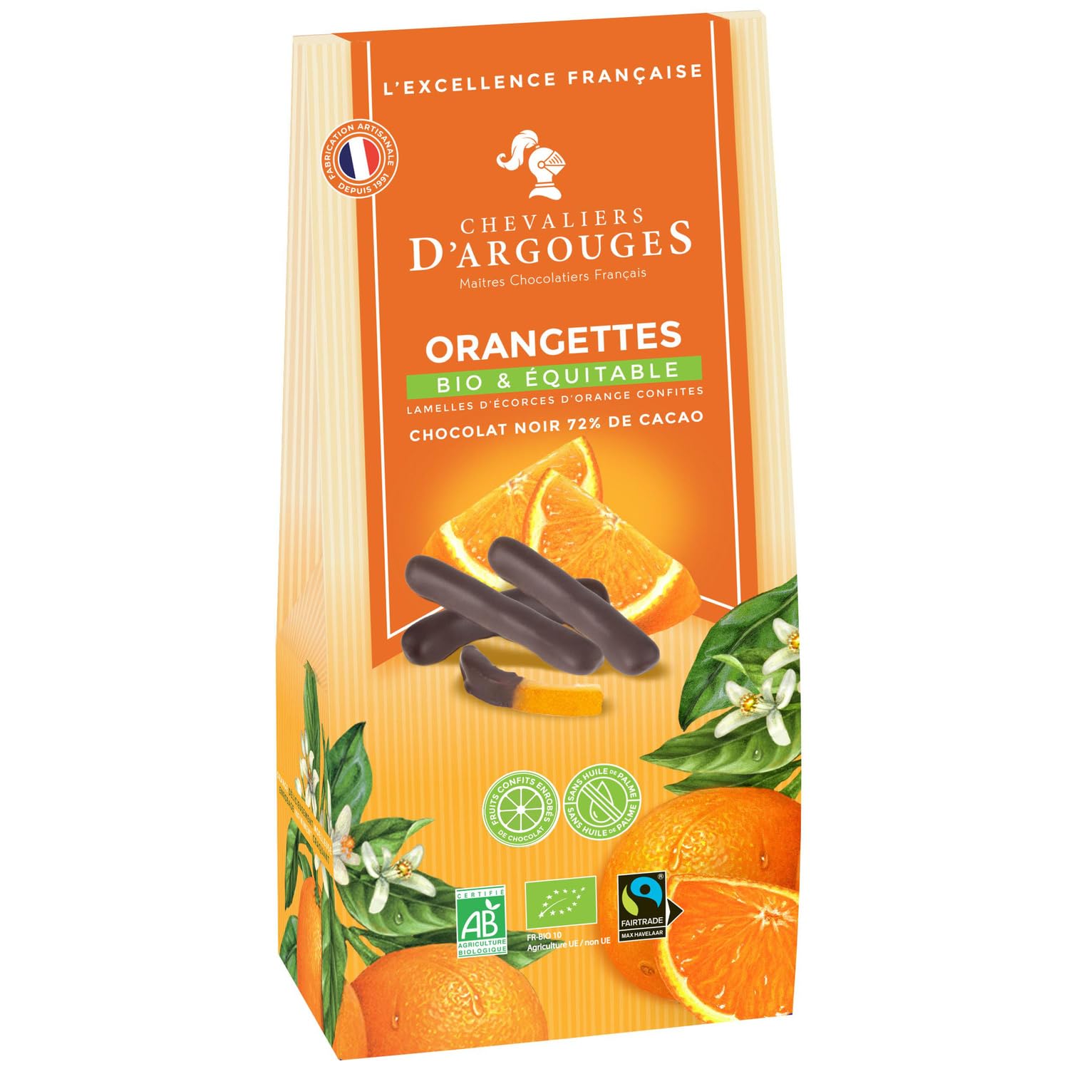 CHEVALIERS D'ARGOUGES Orangettes Chocolat Noir 72% Bio et Équitable 160g — Lamelles d'Écorces d'Orange Confites Enrobées de Chocolat Artisanal Français - Lot de 3
