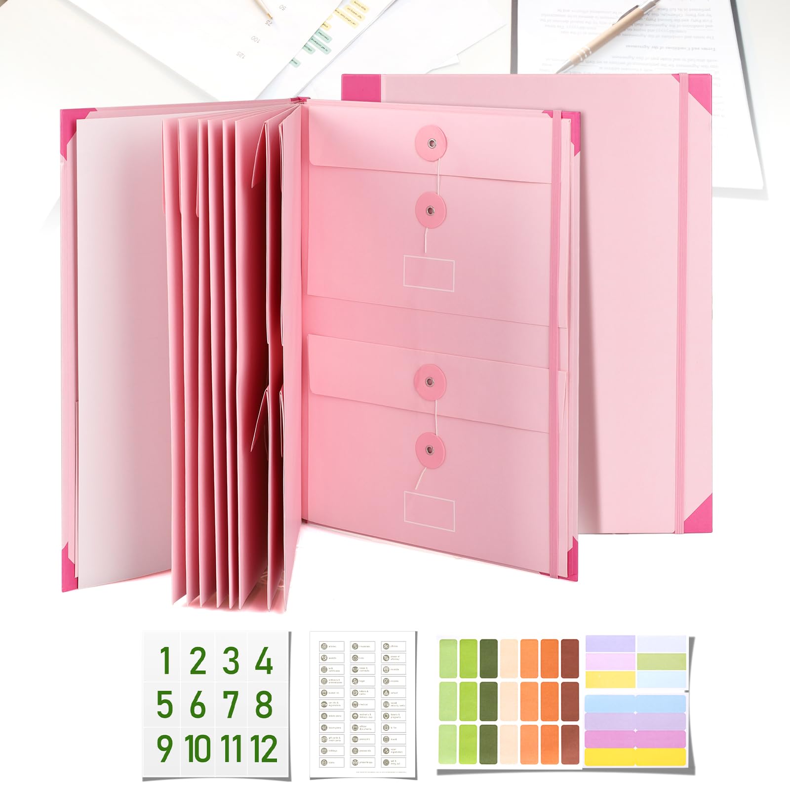 Important Document Organizer with Labels and Pockets, File Folder for Important Papers, Emergency Binder, Birth Certificates and Letters, Ideal for Home Files Organization (Pink)
