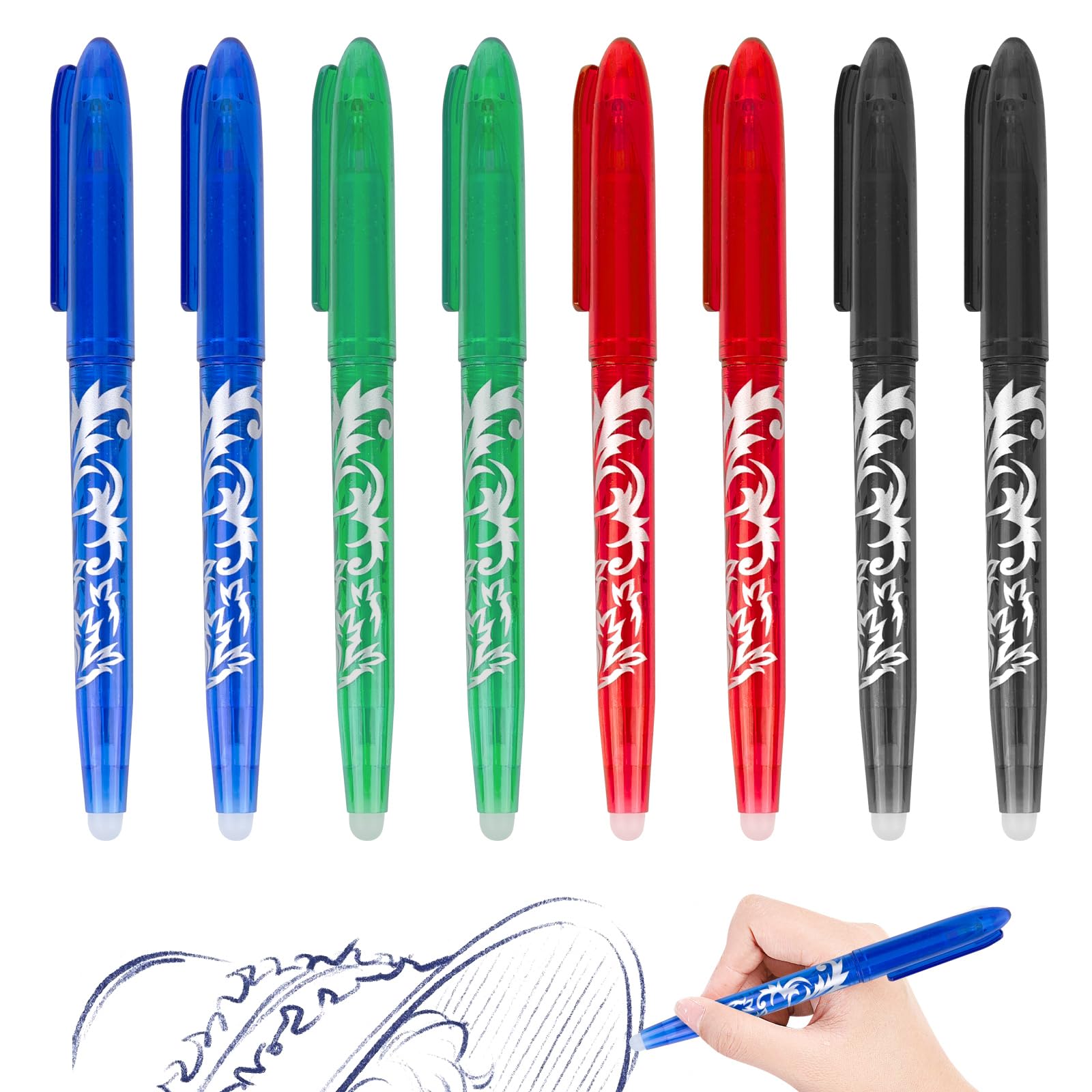 Bolígrafos Borrables de Gel, 8 Bolígrafos Borrables, Bolígrafo Borrable, Bolígrafo de 0.5 mm, Bolígrafo de Fricción para Material Escolar, Suministros de Oficina, Azul, Negro