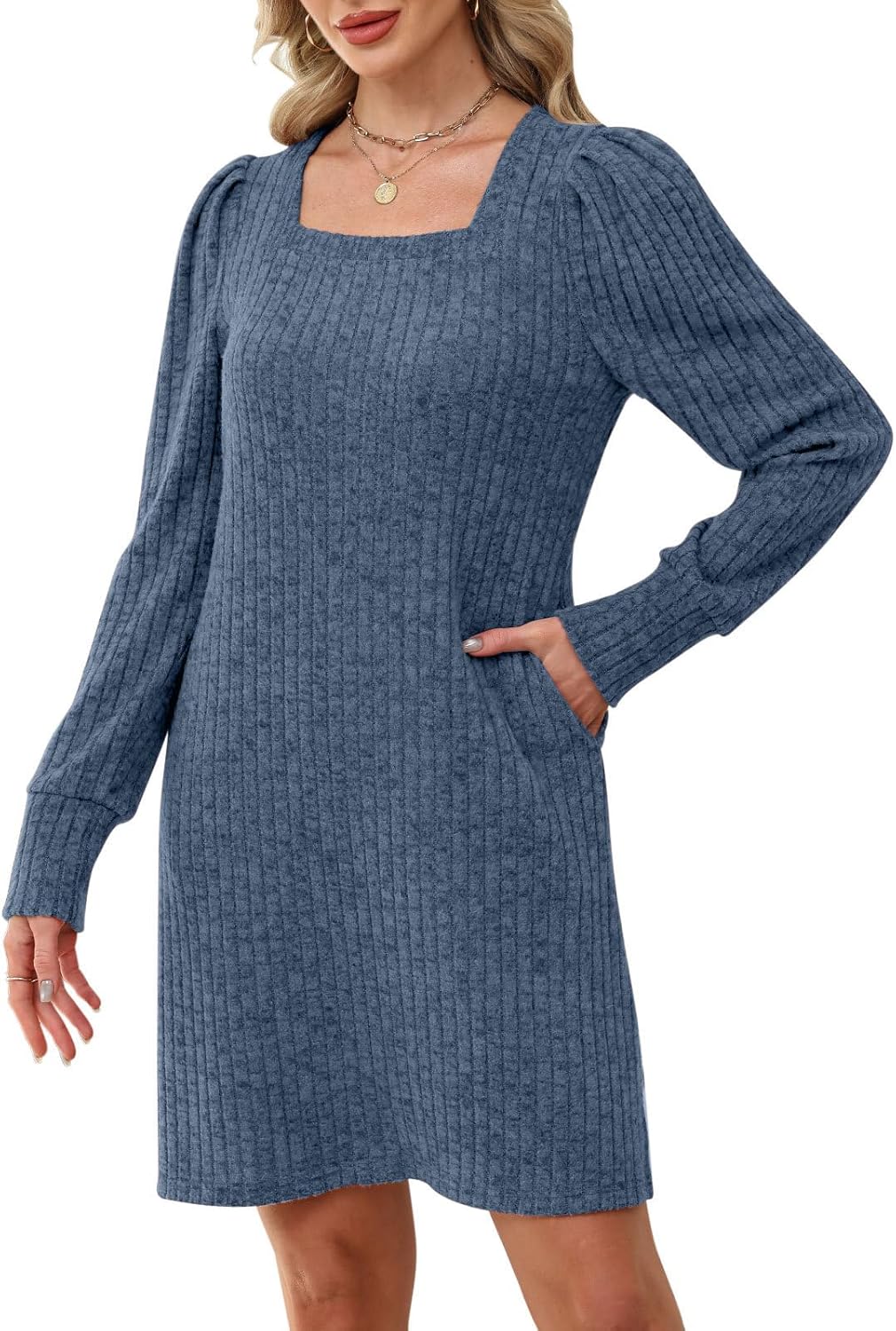 Womens Ribbed Knit Sweater Dress Long Sleeve Square Neck Fall Winter Dresses - Image 2