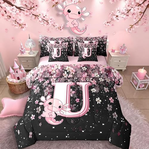 Erosebridal Pink Axolotl Bedding Set for Teen Girl (Pink Black,7Pcs,Queen Size) 