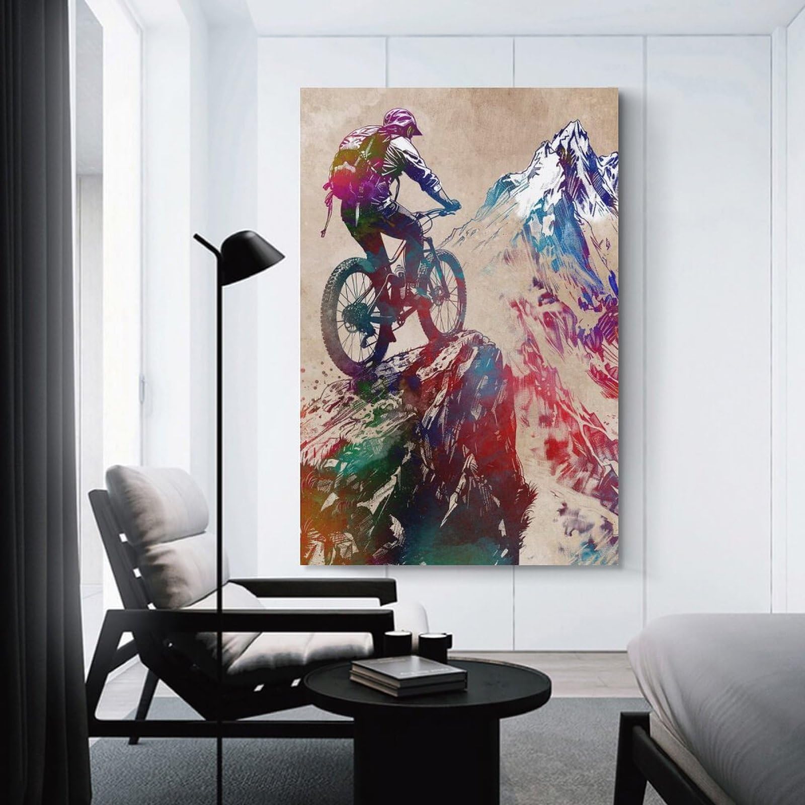 Junmoney Mountain Biking Watercolor Canvas Wall Art, 16x24inch(40x60cm), for Bedroom, Guest Room Or Reading Nook, Decorative Wall Art for Cosy Rooms