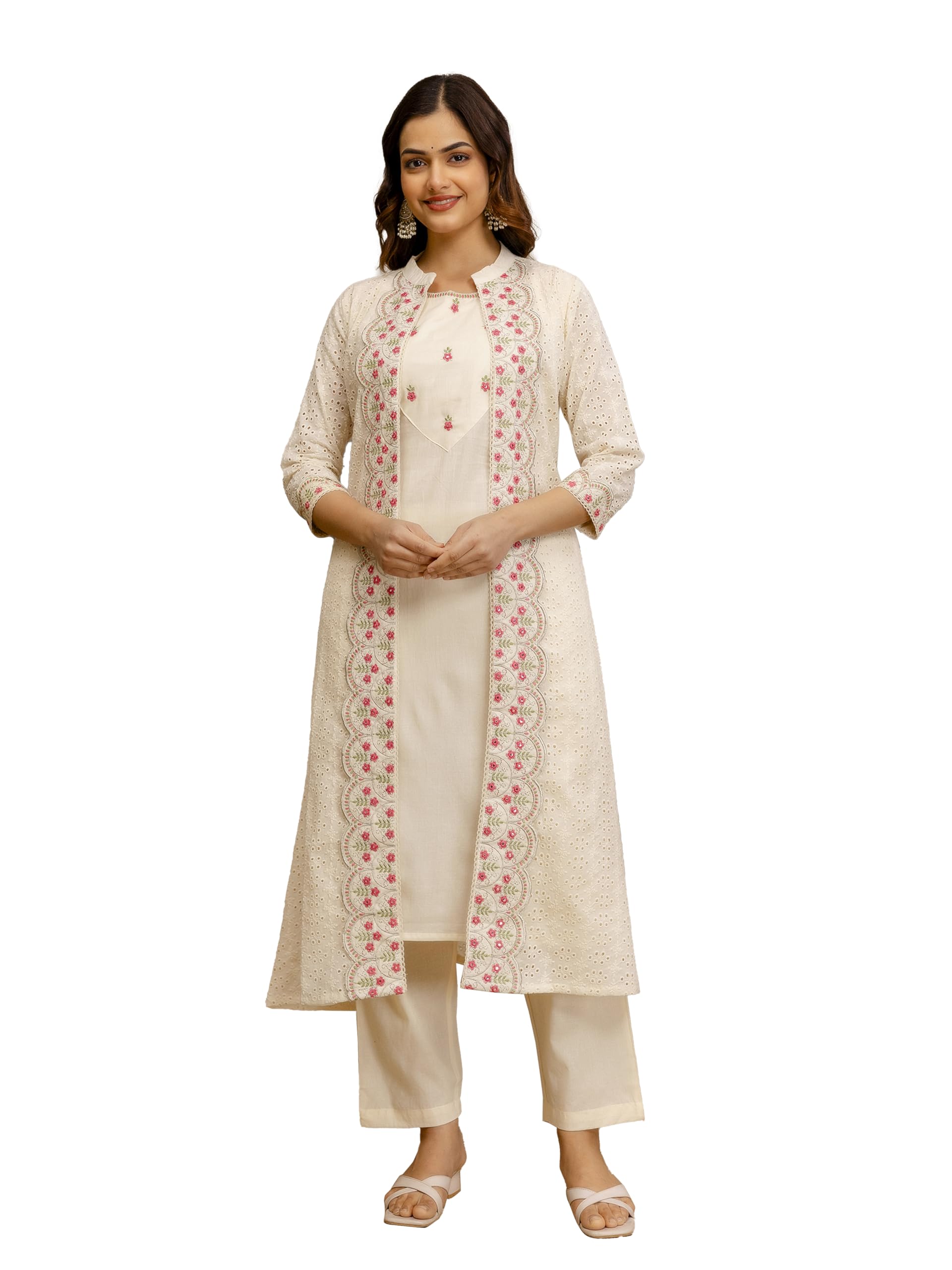 trendmalls Women’s Pure Cotton Embroidery Schiffli Work Kurta Pant with Shrug Set For Women-picture-38