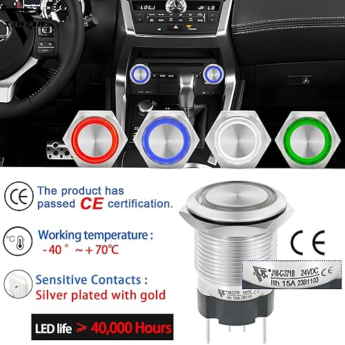 Miniatura 35 de Interruptor de botón ZJWZJH de 15 amperios con pestillo de 0.630 in, impermeable, IP67, 12 V, CC, 24 V, encendido y apagado, luz LED azul