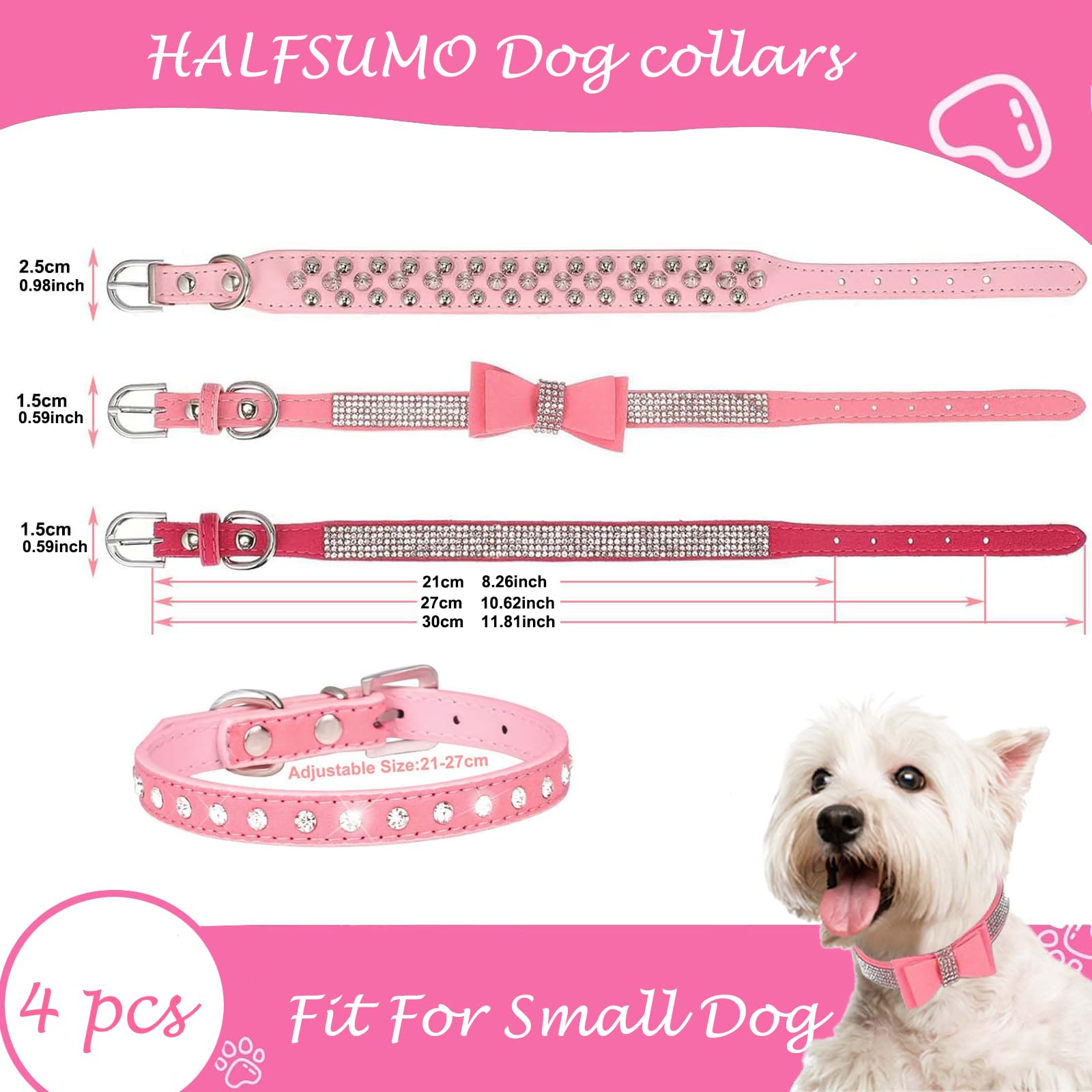 4 Pcs Dog Collar Spiked Studded Leather Dog Collar Rhinestones Dog Cat Collar Bling Diamond with Rhinestone Bow Decoration for Girl Dogs Cats Pink XS - Image 3