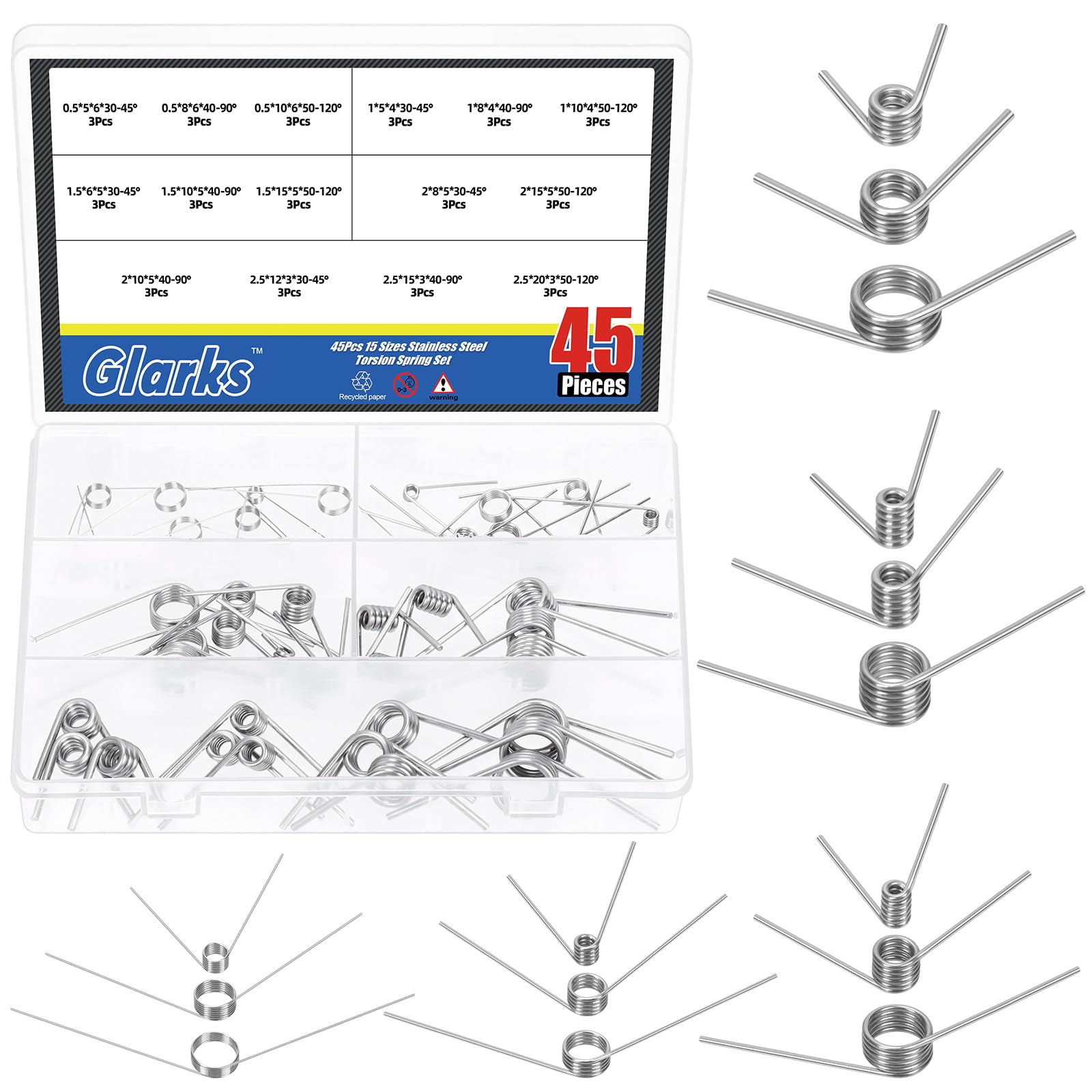 Glarks 45pcs 15 Größen V-geformte Rückfedern, Winkel 45/90/120 Grad Edelstahl Torsionsfeder, 0.5/1/1.5/2/2.5MM Drahtdurchmesser Torsionsfedern für Werkzeuge Wartung und Tischlerei Reparatur DIY