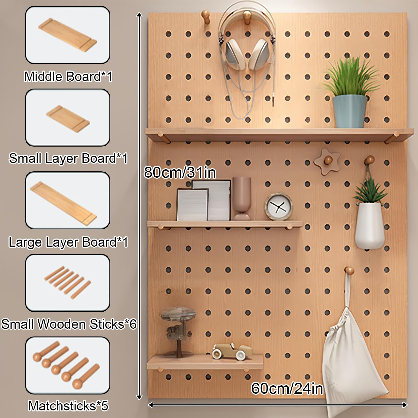 Porta Attrezzi da Parete, Kit di Combinazione di Pannello Forato in Legno Massello, Mensola Espositiva per Ingresso, Soggiorno, Ufficio, Casa(White)