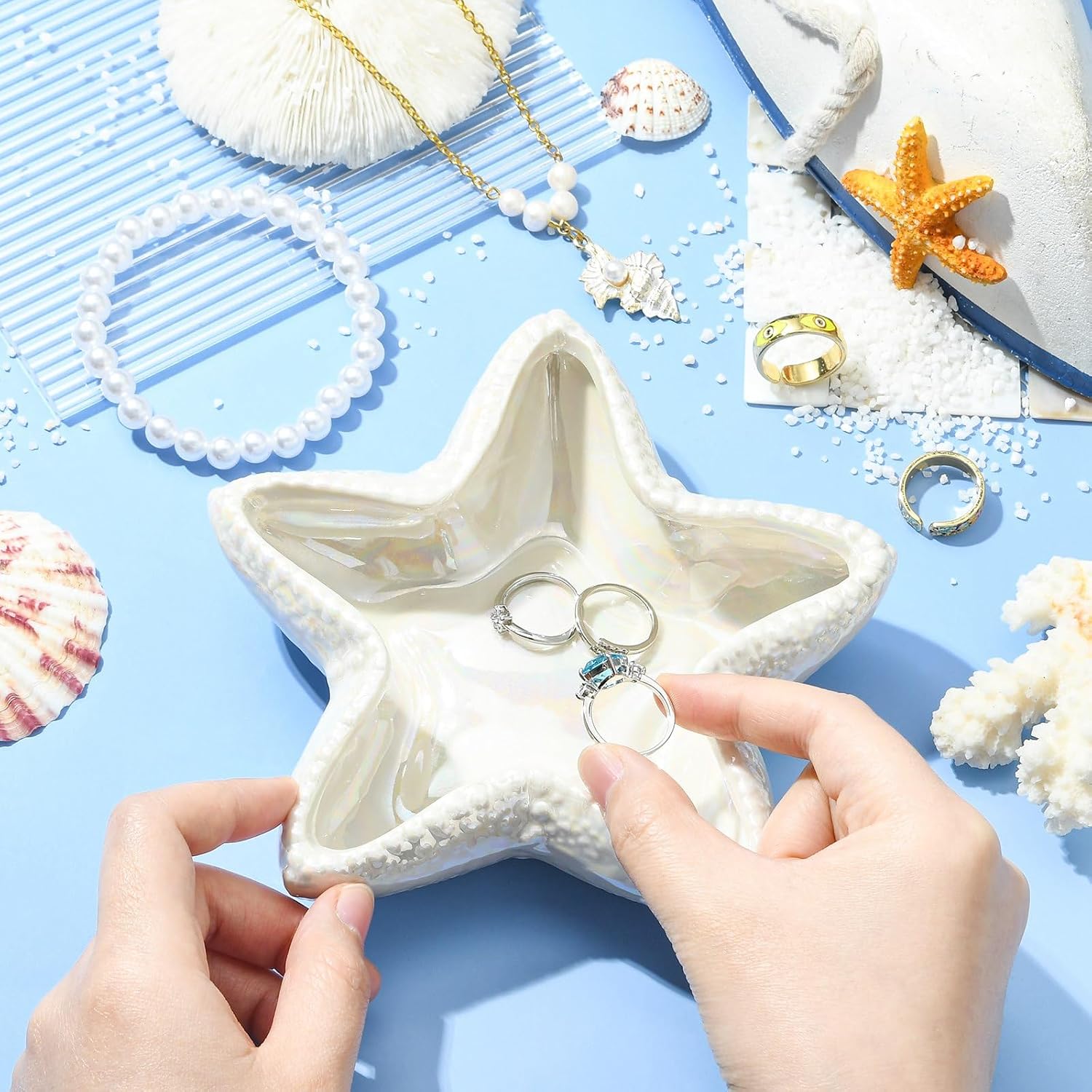 LiQunSweet Iridescent Ceramic Starfish Shape Jewelry Dish, Trinket Tray for Rings and Earrings, Antique White, 150x153x37mm