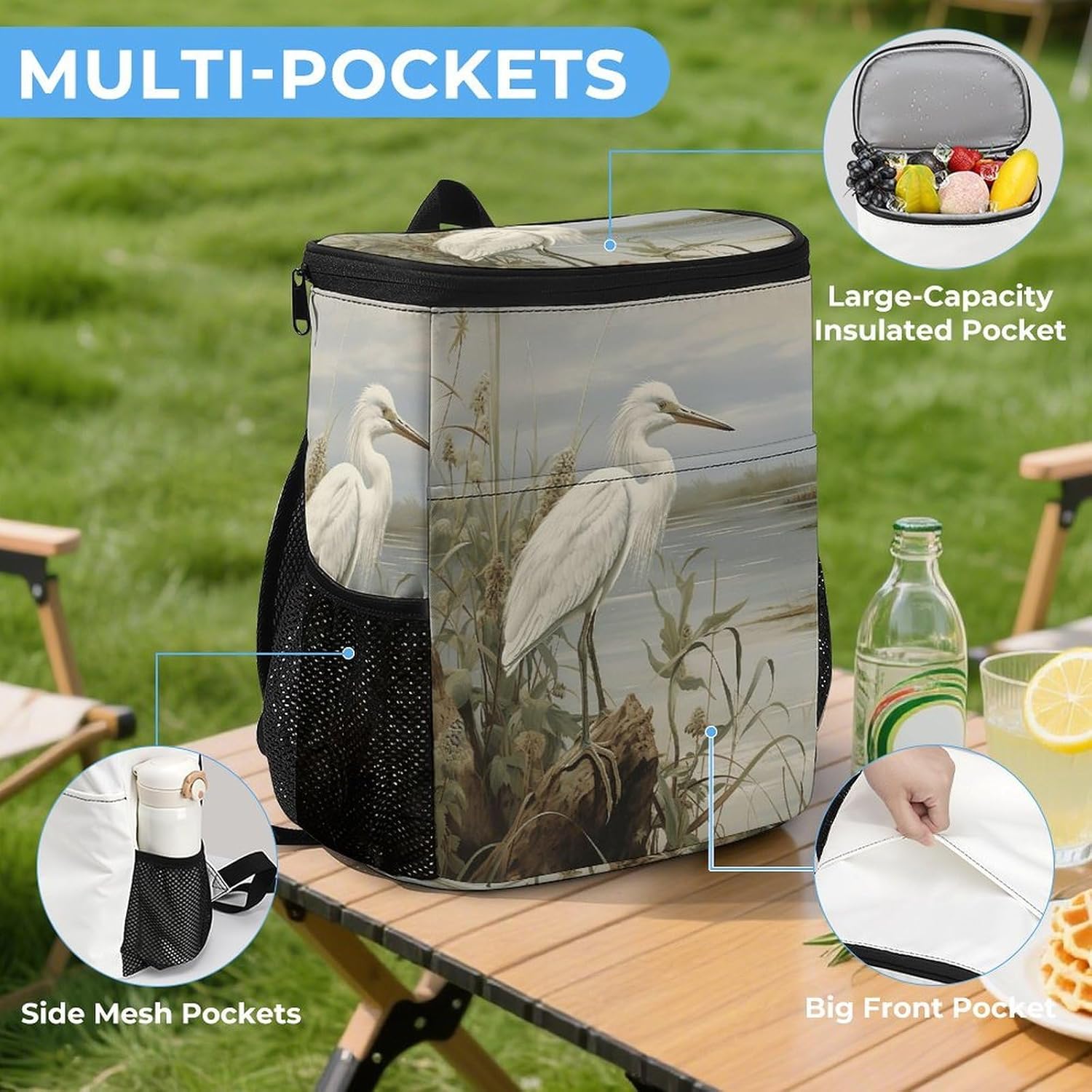 Swamp EgretCooler Backpack Fashion Large Capacity Lunch Backpacks Lightweight Insulated Backpacks Travel Cooler Bag Cooler Pack Ice Pack Keep Fresh Backpack Coolers