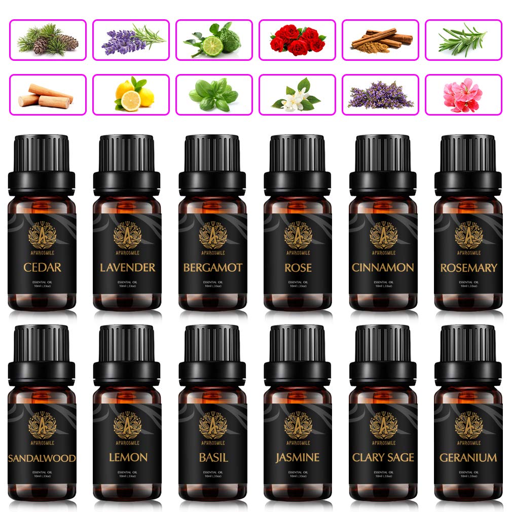 Aromatherapie Geranium ätherisches Öl Set für Diffusor, 100% pure Jasmin ätherische Öle für Hause, 12x10ml Zitrone ätherische Öle- Bergamotte,Rosmarin,Sandelholz,Basilikum Öle...