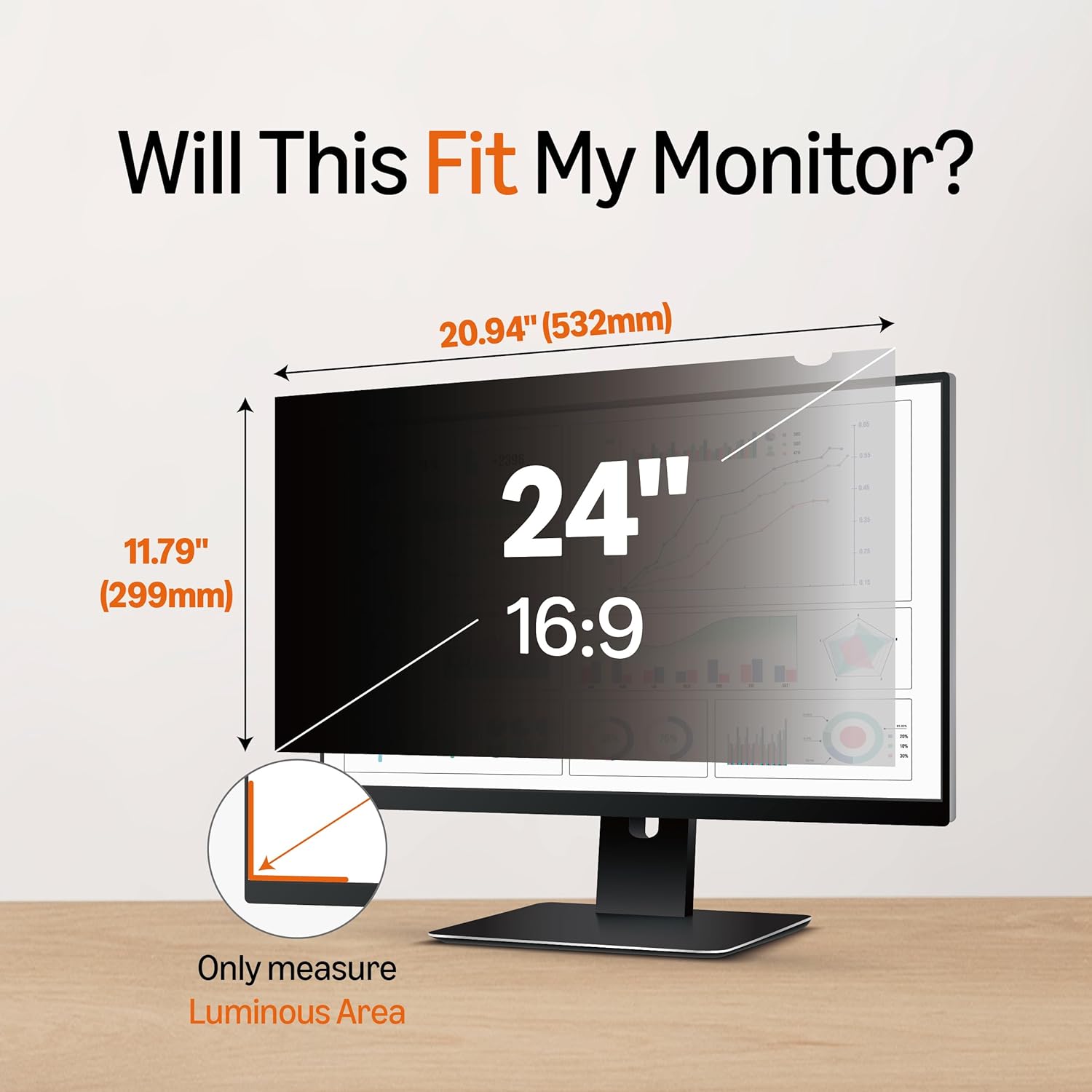 Amazon Basics Privacy Screen Filter -24 Inch 16:9 Widescreen Monitor, Anti-Spy, High Clarity, UV Protection, Eye Protection, Anti Glare & Blue Light Filter, Anti-Scratch (24" 16:9, 20.94"x11.79")