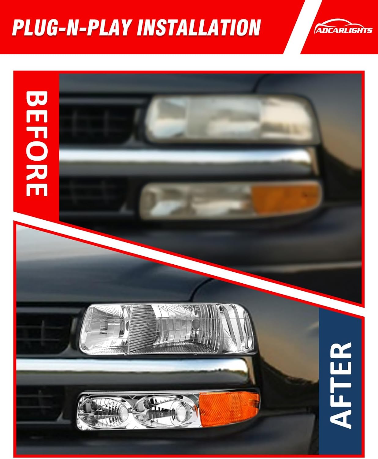 for Chevy 00 01 02 03 04 05 06 Tahoe/Suburban Headlight Assembly fit 1999-2002 Silverado 1500 2500/1500HD 2500HD 3500 Headlamp Chrome Housing Amber Reflector L+R Pair