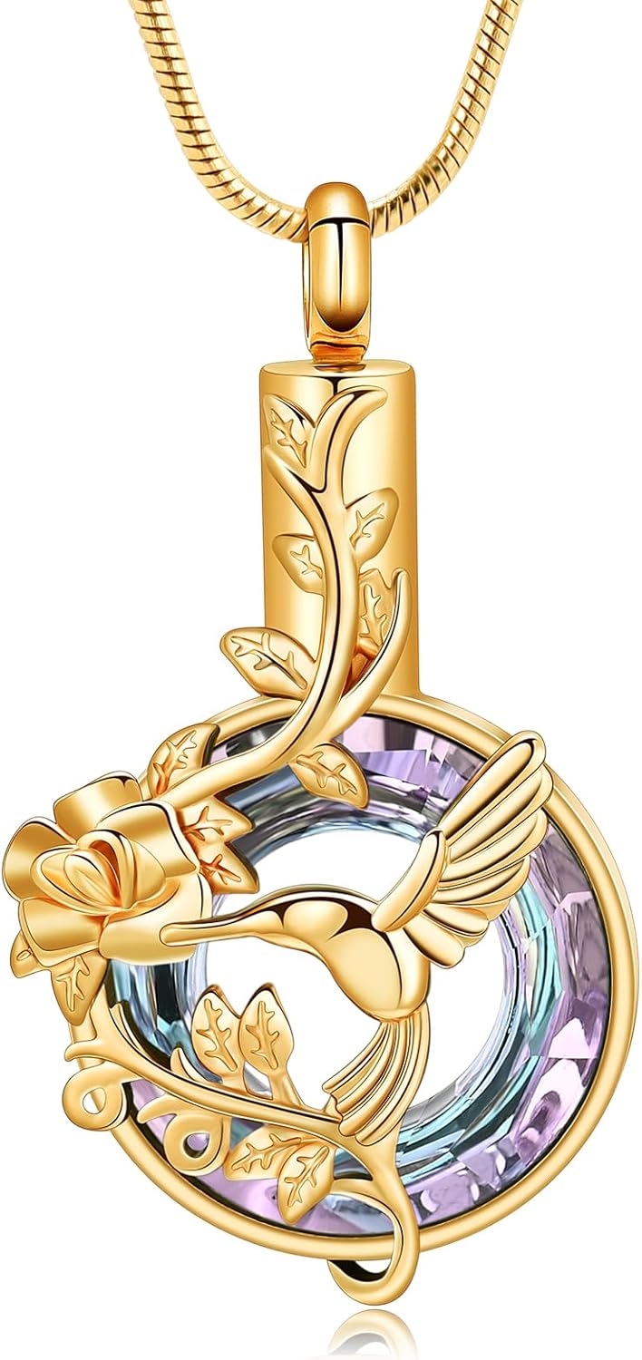 Hearbeingt Hummingbird Urn Necklaces for Ashes Circle Crystal Cremation Jewelry for Women Men Memorial Necklace Ash Holder for Human Pets Keepsake Jewelry for Loved Ones with Fill Tool