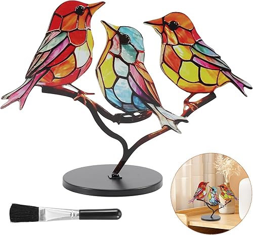 Miniatura 3 de Adornos de escritorio de pájaros manchados en rama, estatua multicolor de doble cara para manualidades de colibrí, escultura de pájaro plano de