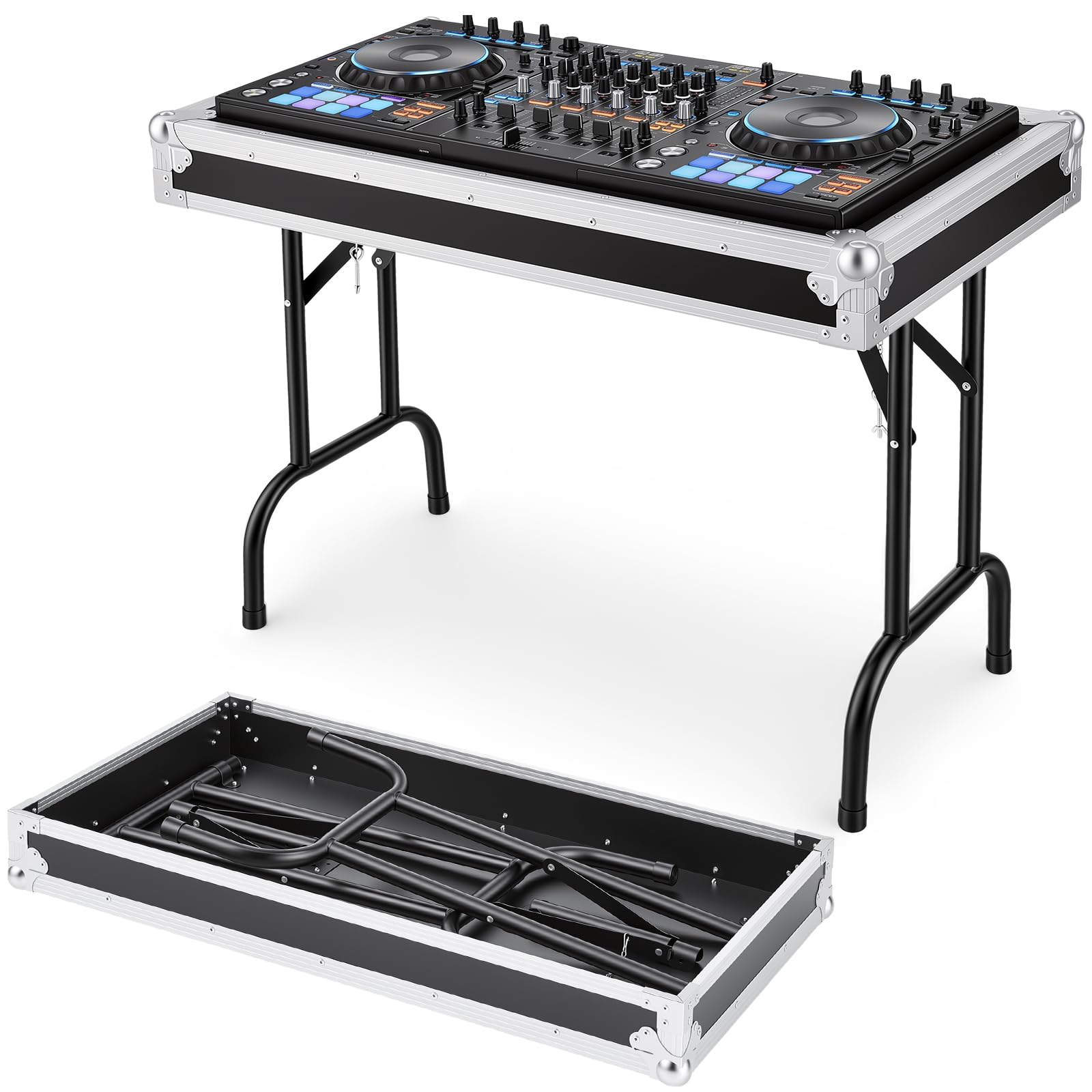 Tandefio Tragbarer, 91,4 cm breiter DJ-Tisch-Arbeitsplatz, Sperrholz, ausklappbarer DJ-Ständer mit Flugkoffer, 76,2 cm Höhe, robuster Tischständer für Controller, Laptop und Mixer, einfacher Transport