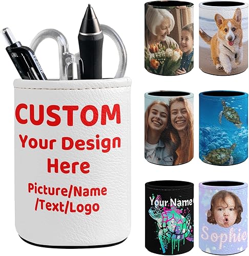 Tuoxiukan Portalápices personalizado para escritorio con imagen con nombre, soporte para bolígrafo personalizado, gran capacidad, cuero sintético,