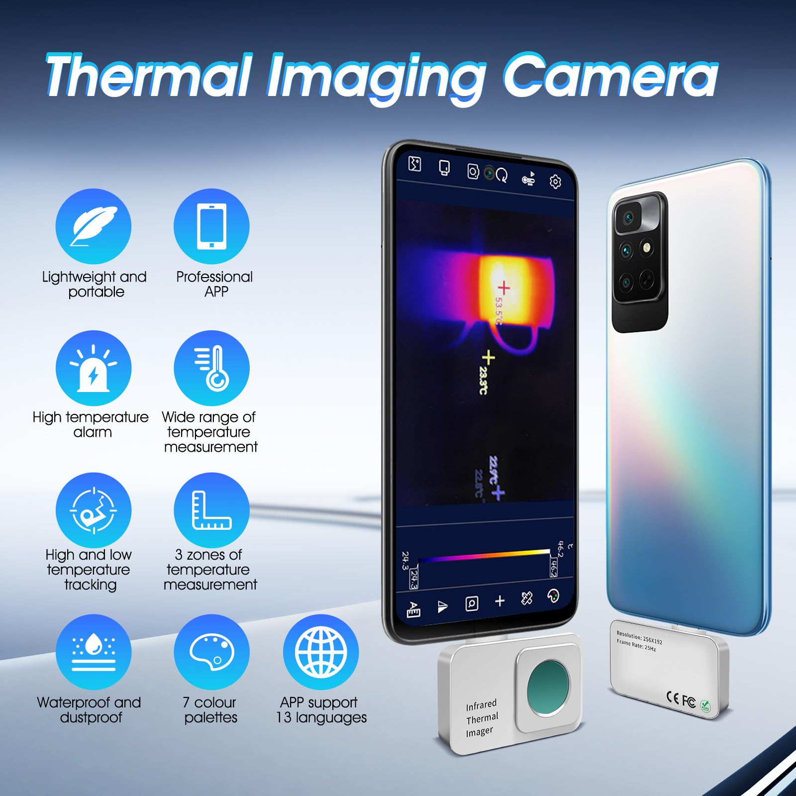 Wärmebildkamera Android, 256x192 IR Resolution 25Hz Infrarot Kamera, -15℃~600℃ (5℉~1112℉) Thermal Camera, Wärmebildkamera Haus für Handy, IP54 für Haushalt, Elektrik, Sanitäranlagen