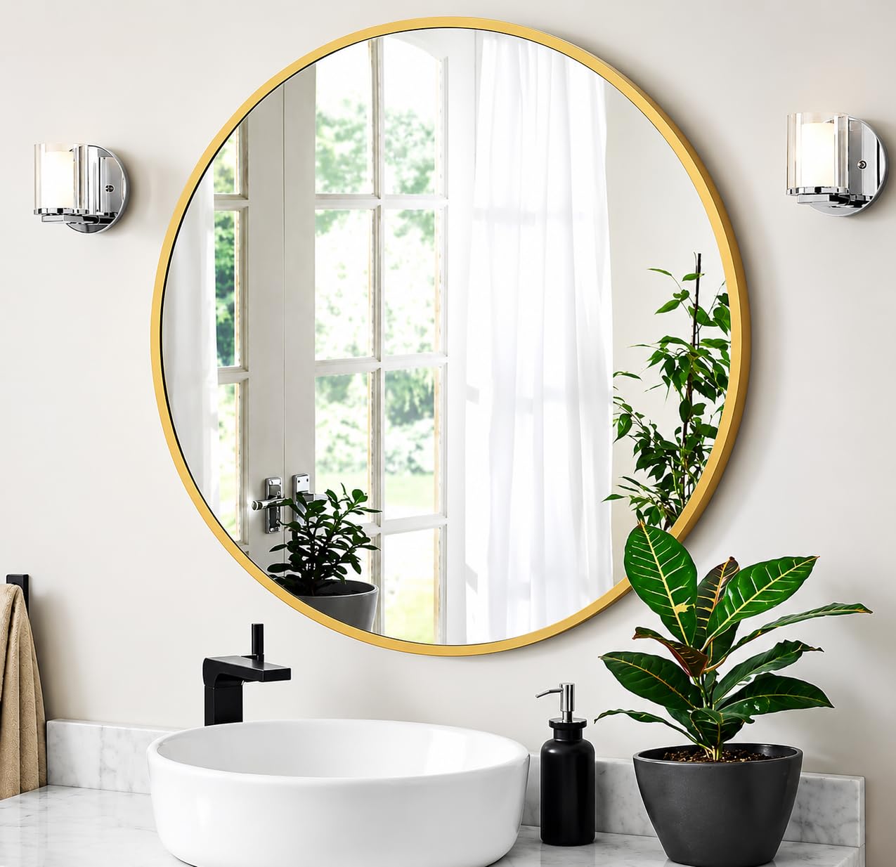 The Arts Box Round Decorative Wall Mirror | Metal Finish Frame with Timeless Design for Bathroom, Living Room, Bedroom, Vanity Mirror (Gold 24 Inch)-image-2