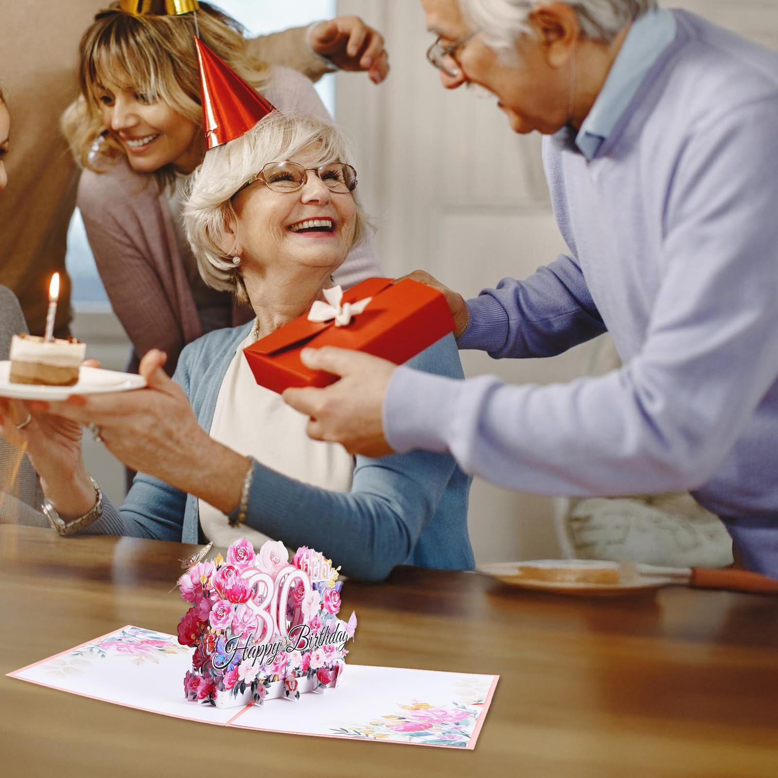 Nogeqi Carte D'anniversaire - 80 - Pour Femme - Fleurs 3D - Pop Up - Cadeau Pour 80 Ans - Carte Pop-up - Avec Inscription Happy Birthday - Pour Mère, Famille Et