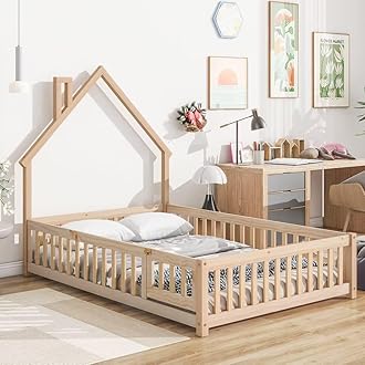 Full Size Montessori Floor Bed with Fence and Door, Solid Wood Pine Platform Bed with House-Shaped Headboard, Floor House Bed for Children Girls Boys, No Weight Limit, Natural