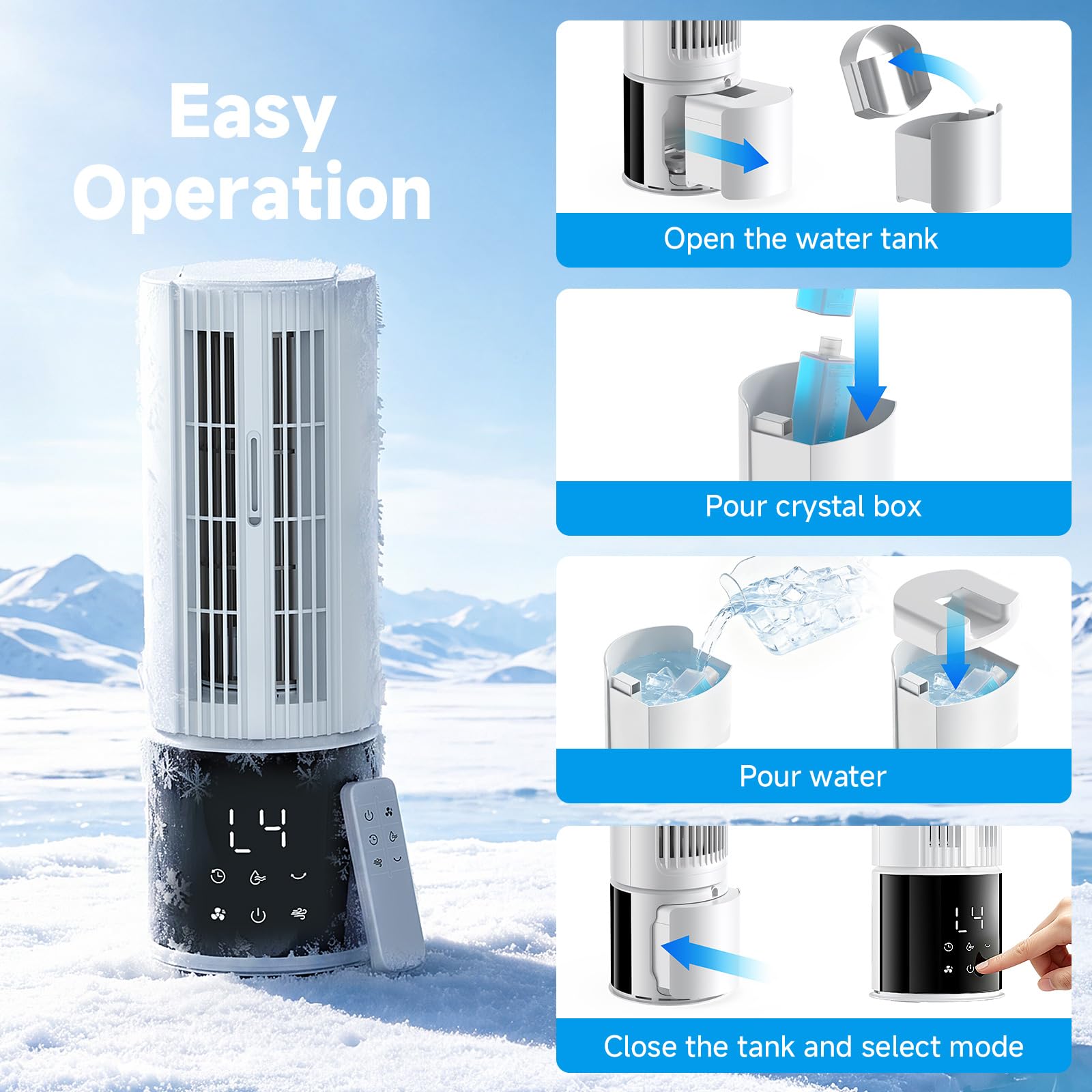 Climatiseur portable, 3 vitesses, mode tempête, oscillation 45/90°, minuterie 8h, 1 blocs réfrigérants, réservoir amovible, idéal maison, bureau et camping-cars（Blanc）