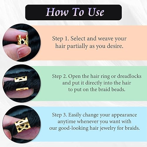 Miniatura 5 de 100 pulseras doradas para el cabello para trenzas, cuentas de rastas de metal, clips, anillos, joyería de Loc, decoración para el cabello y