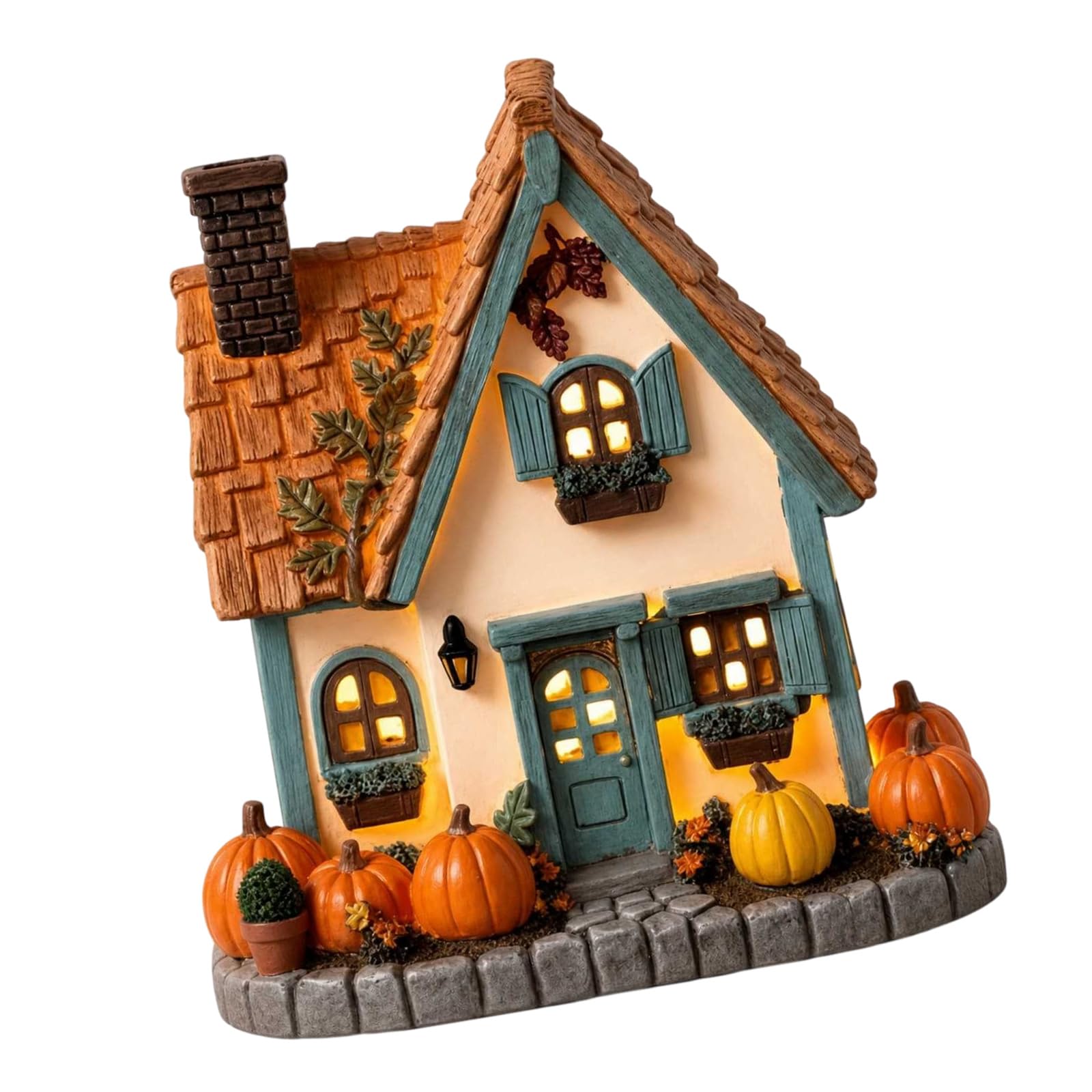 Harvest Tabletop Ornament Lighted Pumpkin House Decor, Resin Cottage Figurine with Warm LED Accent for Shelf Entryway Bedroom Mantel Autumn Cottage Figurine Harvest Tabletop Ornament Glowing Pane Cozy