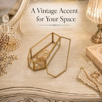 Brass Glass Coffin Jewelry Box, Gold Gothic Trinket Organizer with Lid
