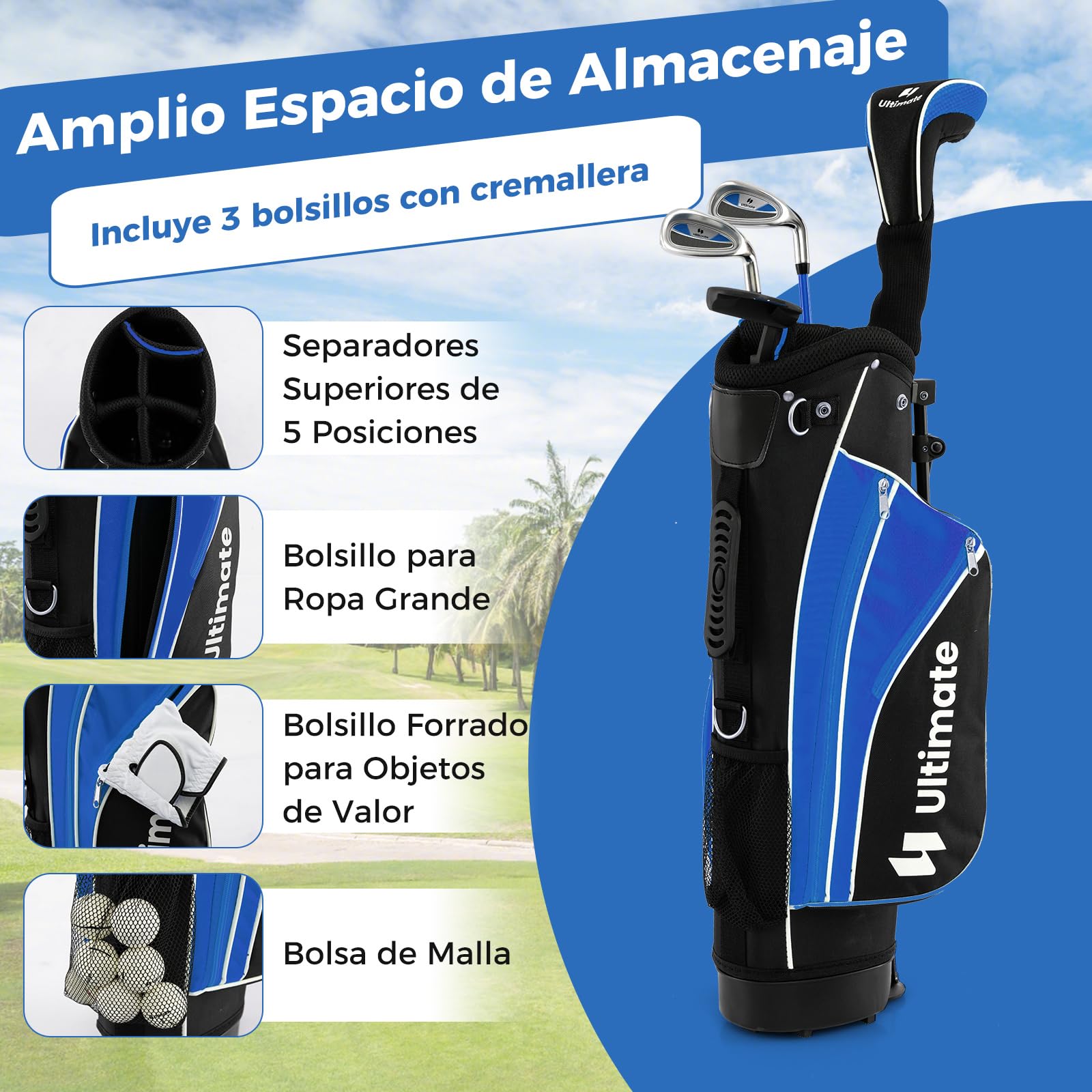 COSTWAY Set de Palos de Golf para Niños 8-13 Años, Incluye Madera 3, Hierros 7 y 9, Putter, Bolsa