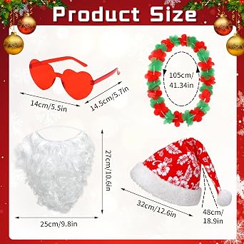 kaiolby 4 Pieces Christmas in the July Party Decorations Tropical Christmas Costume Accessories Set Santa Hat Hawaiian Leis Sunglasses Beard for Summer Beach Xmas Outfits Decoration